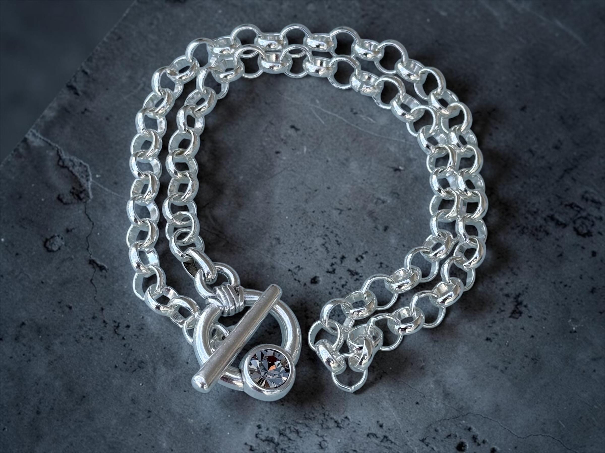 Chunky silver plated chain toggle clasp necklace with Swarovski crystal, bold custom jewelry