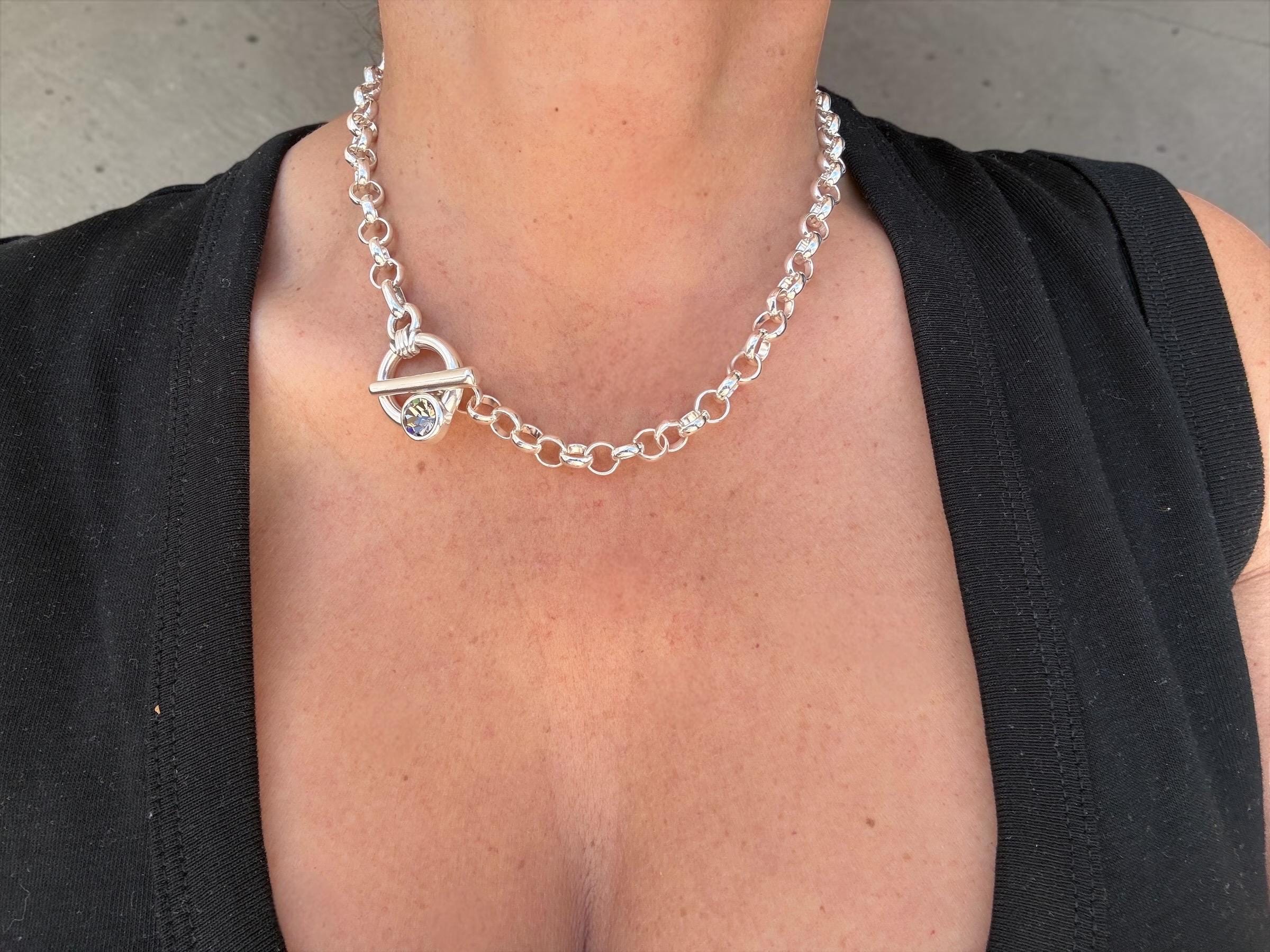 Chunky silver plated chain toggle clasp necklace with Swarovski crystal, bold custom jewelry