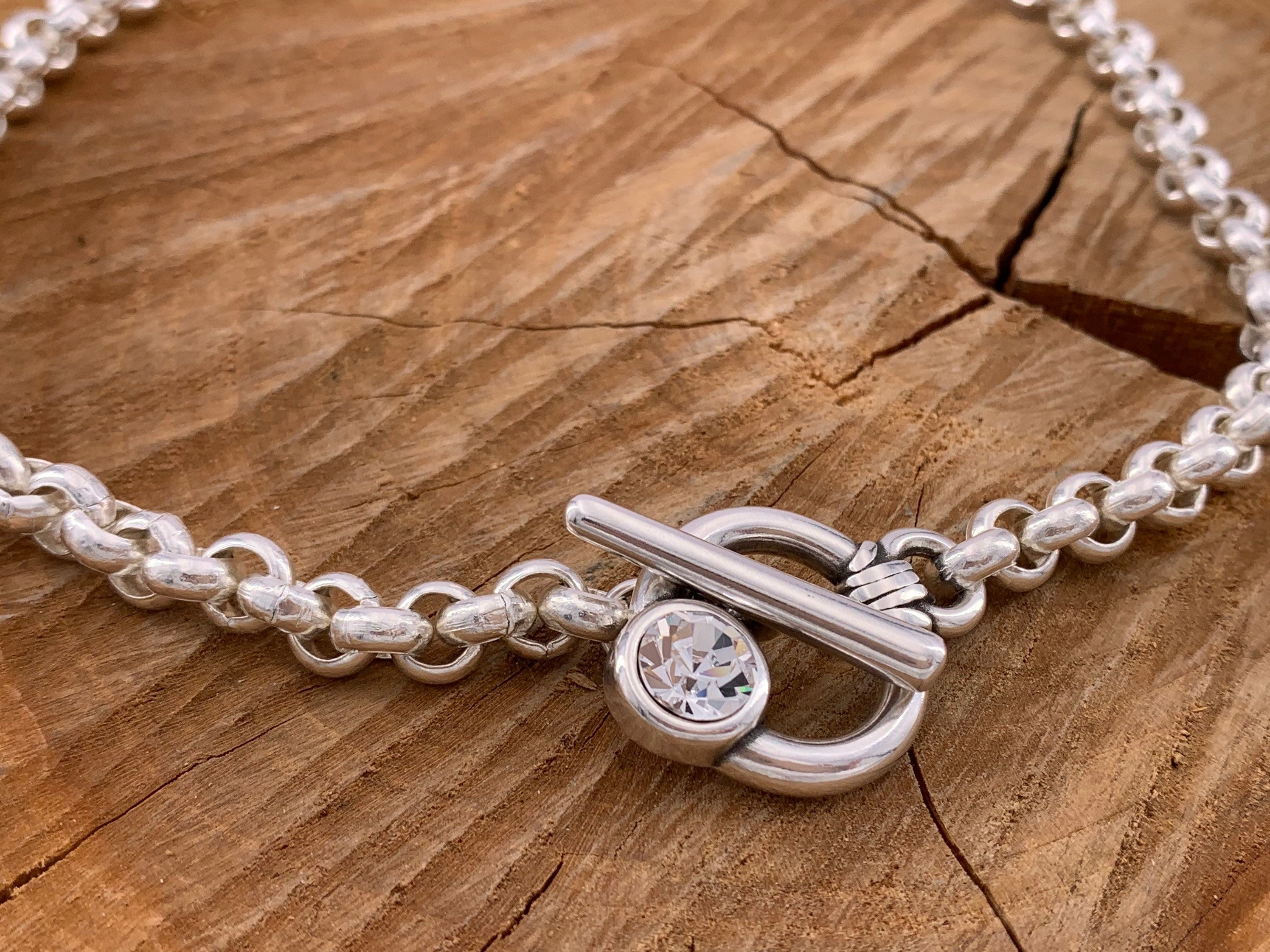 Chunky silver plated chain toggle clasp necklace with Swarovski crystal, bold custom jewelry