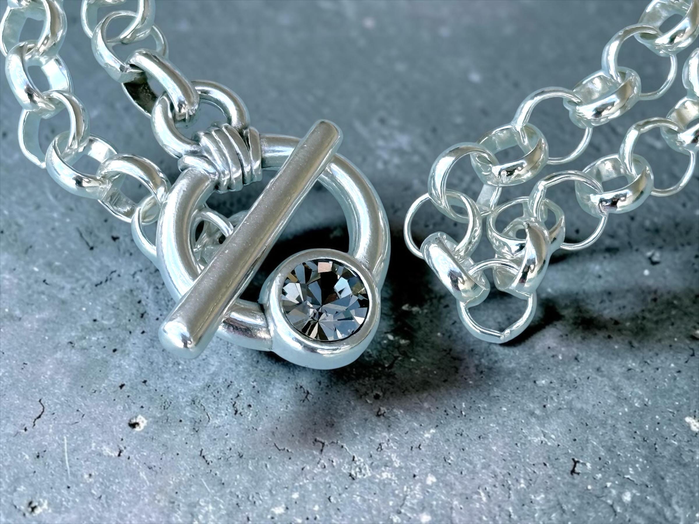 Chunky silver plated chain toggle clasp necklace with Swarovski crystal, bold custom jewelry