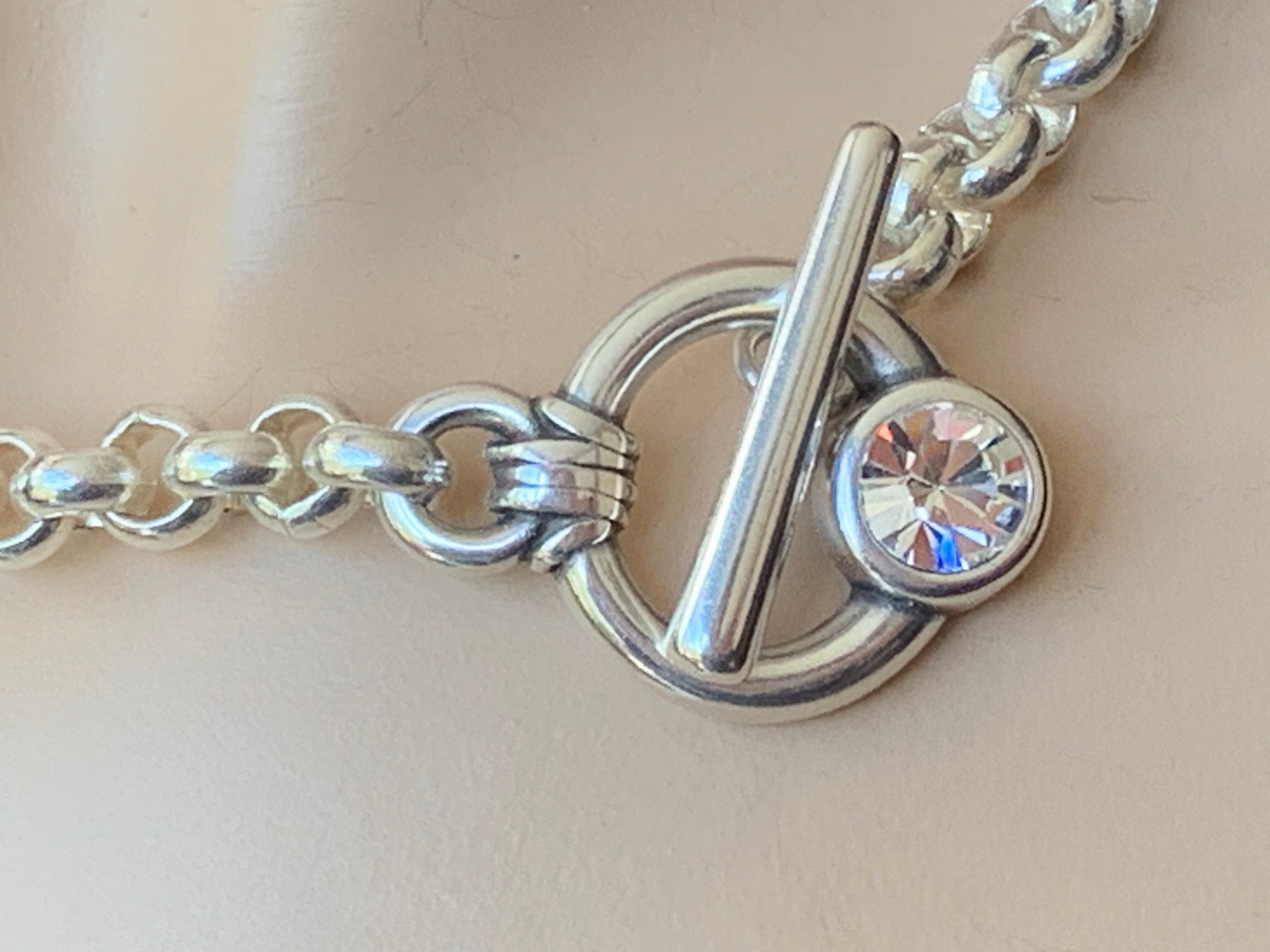Chunky silver plated chain toggle clasp necklace with Swarovski crystal, bold custom jewelry