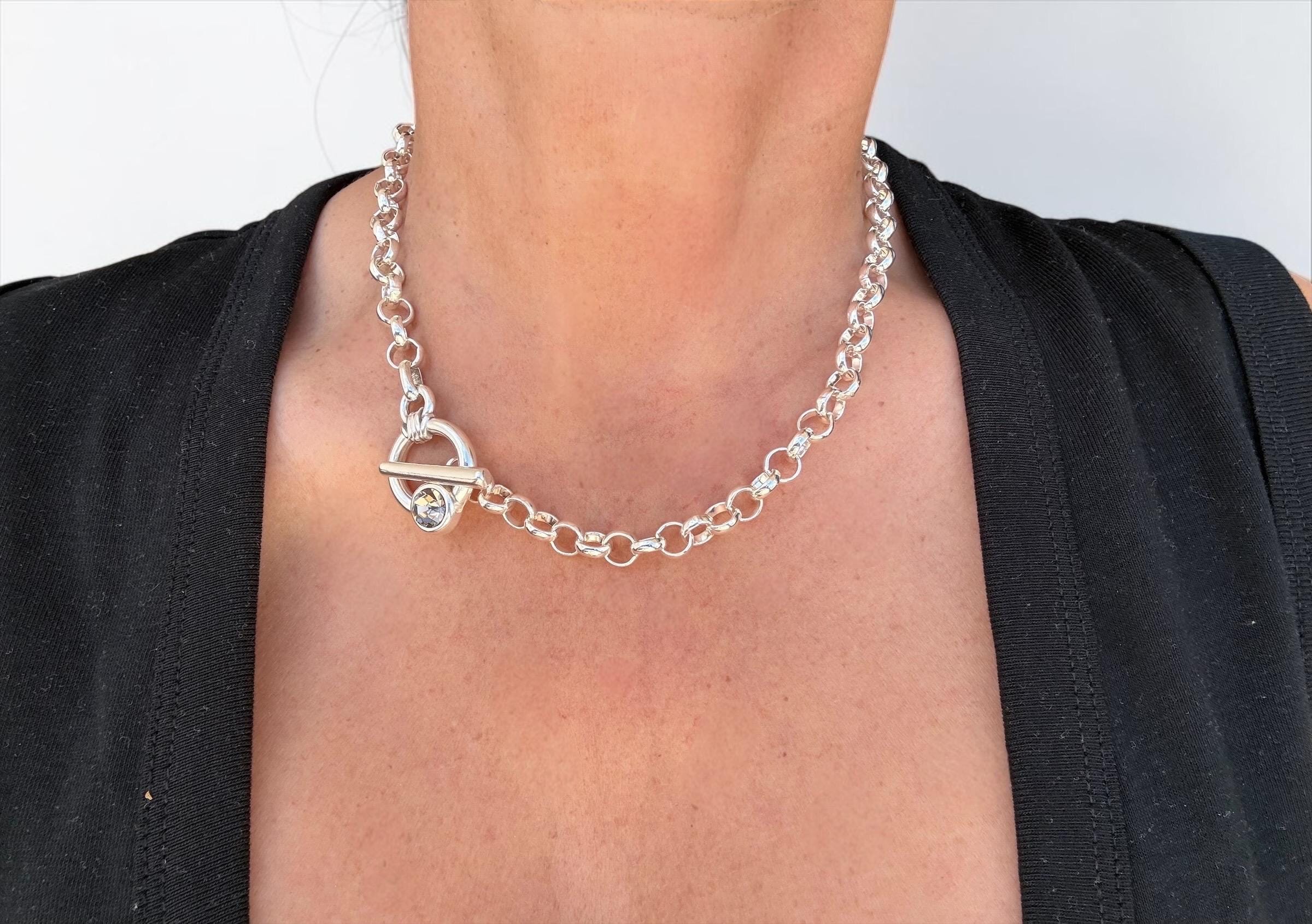 Chunky silver plated chain toggle clasp necklace with Swarovski crystal, bold custom jewelry