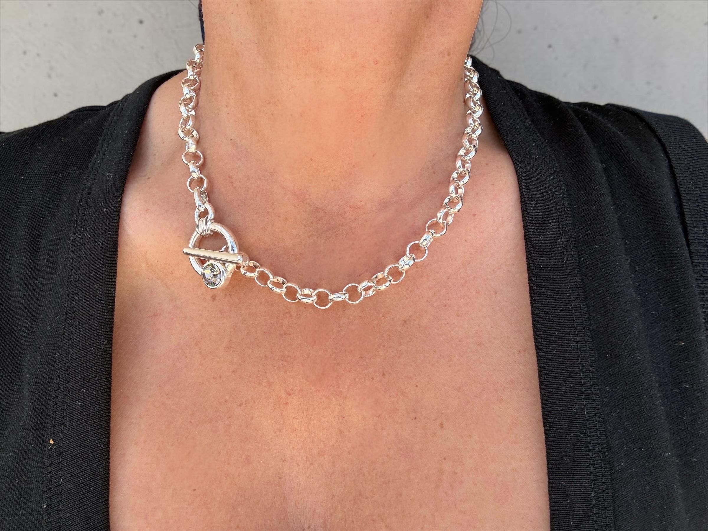Chunky silver plated chain toggle clasp necklace with Swarovski crystal, bold custom jewelry