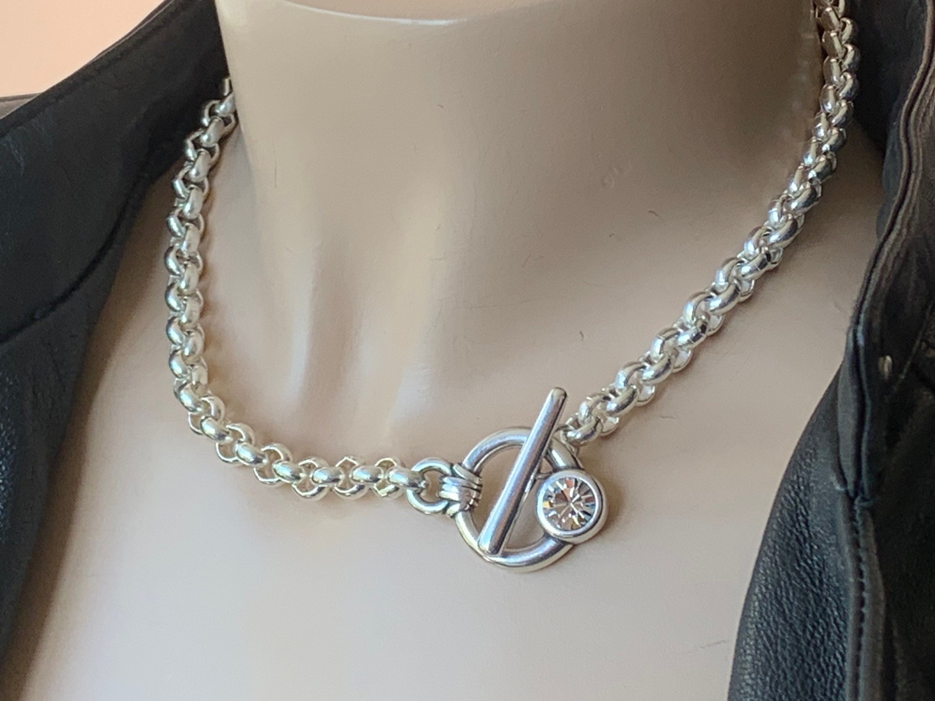 Chunky silver plated chain toggle clasp necklace with Swarovski crystal, bold custom jewelry