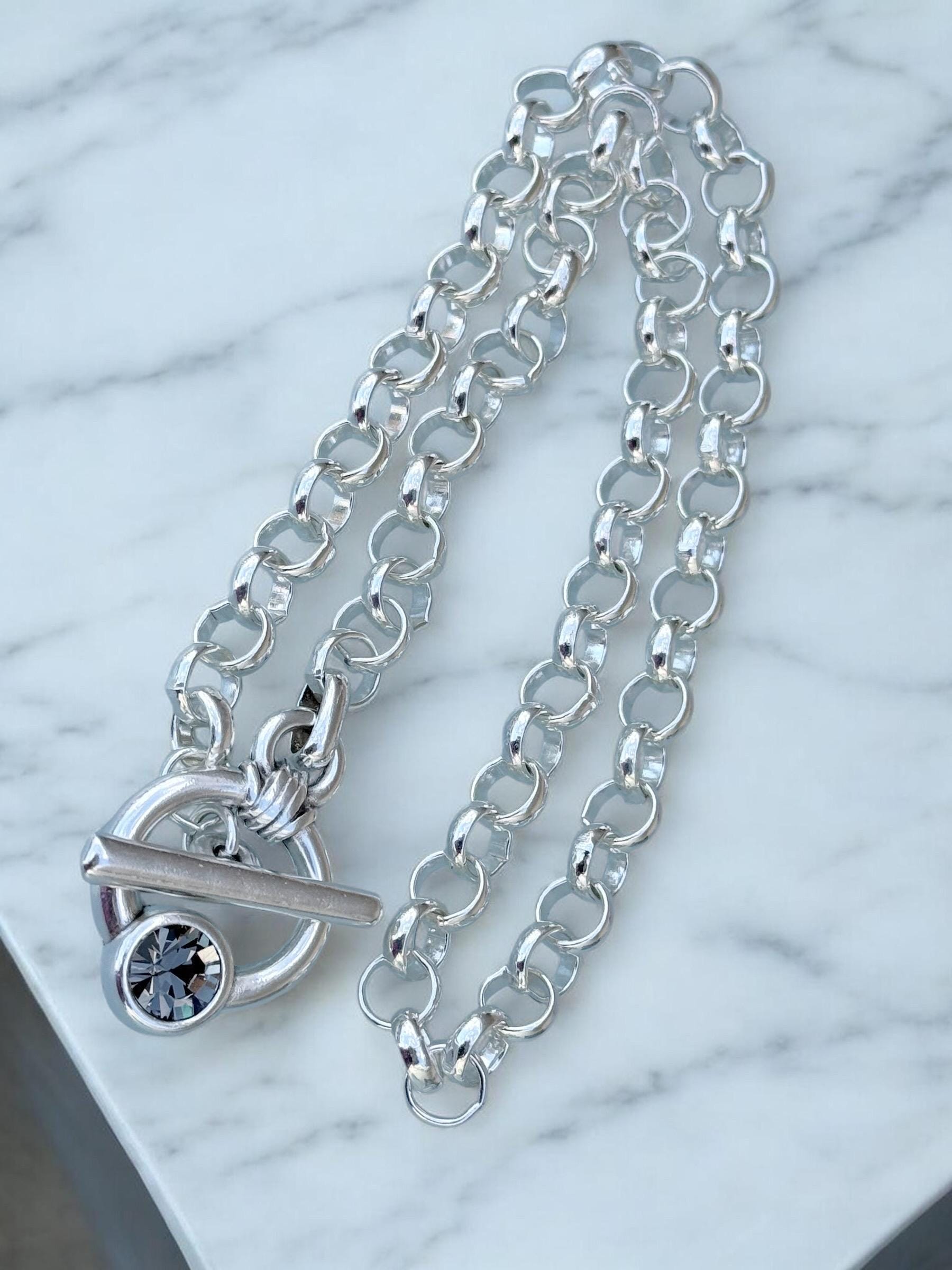 Chunky silver plated chain toggle clasp necklace with Swarovski crystal, bold custom jewelry