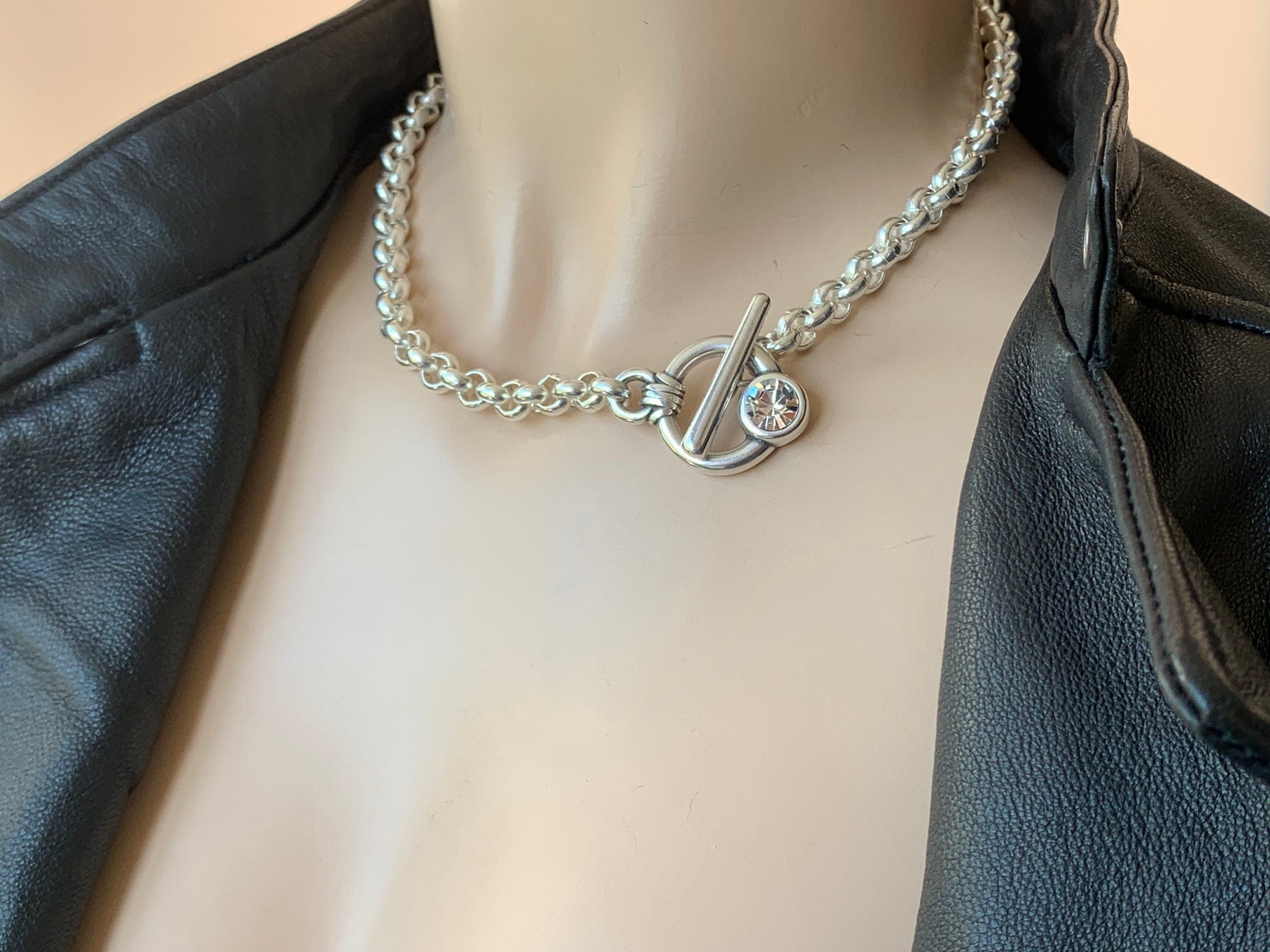 Chunky silver plated chain toggle clasp necklace with Swarovski crystal, bold custom jewelry