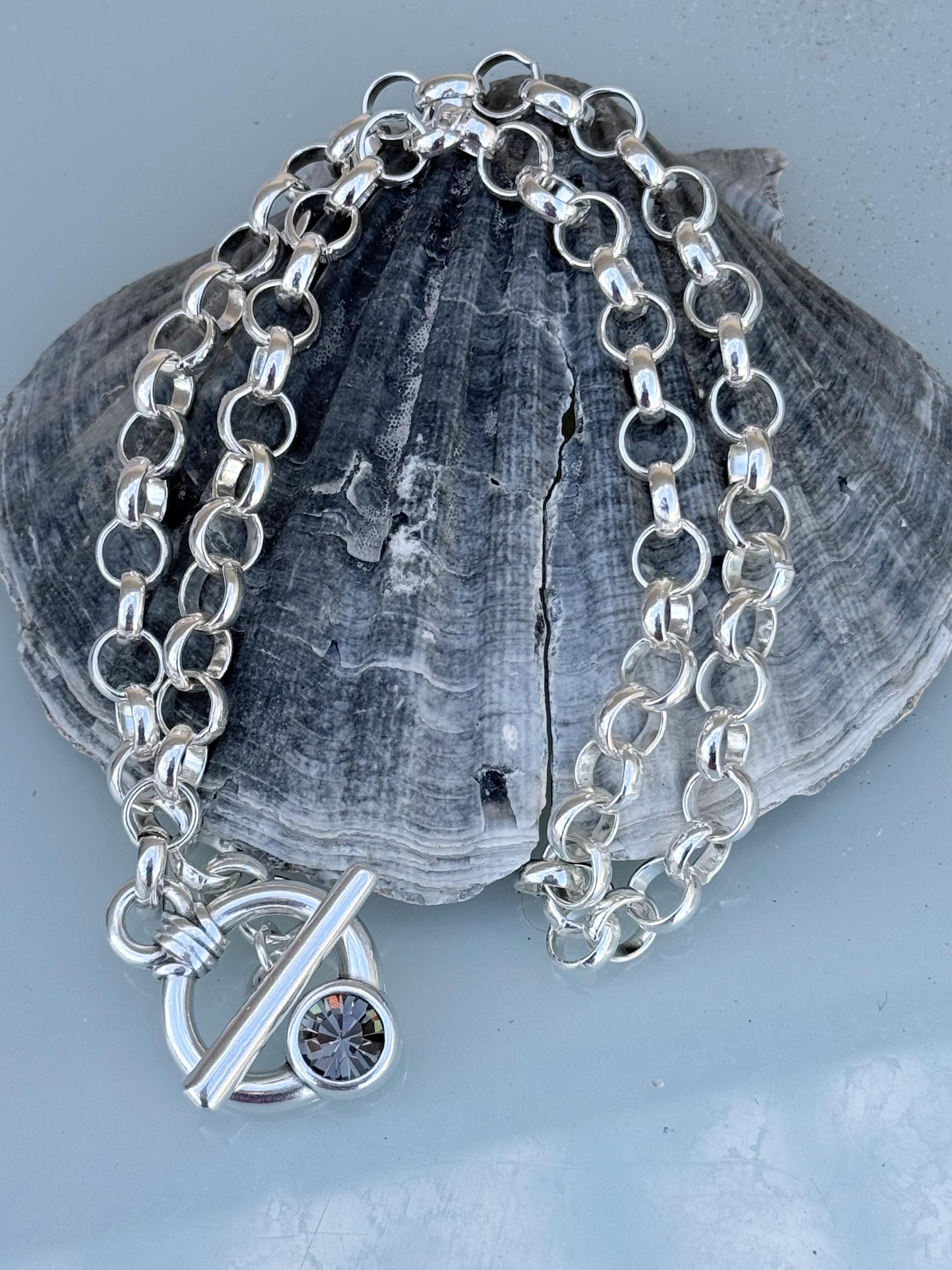 Chunky silver plated chain toggle clasp necklace with Swarovski crystal, bold custom jewelry