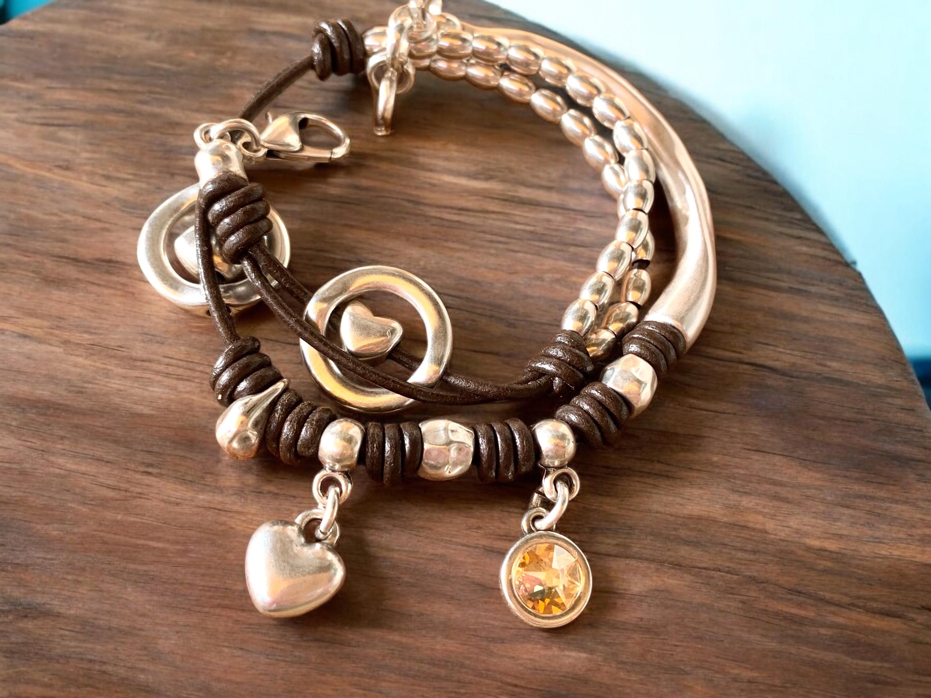 Handmade Wrap Leather and Silver plated cuff Bracelet with Swarovski Crystal & Heart Charms