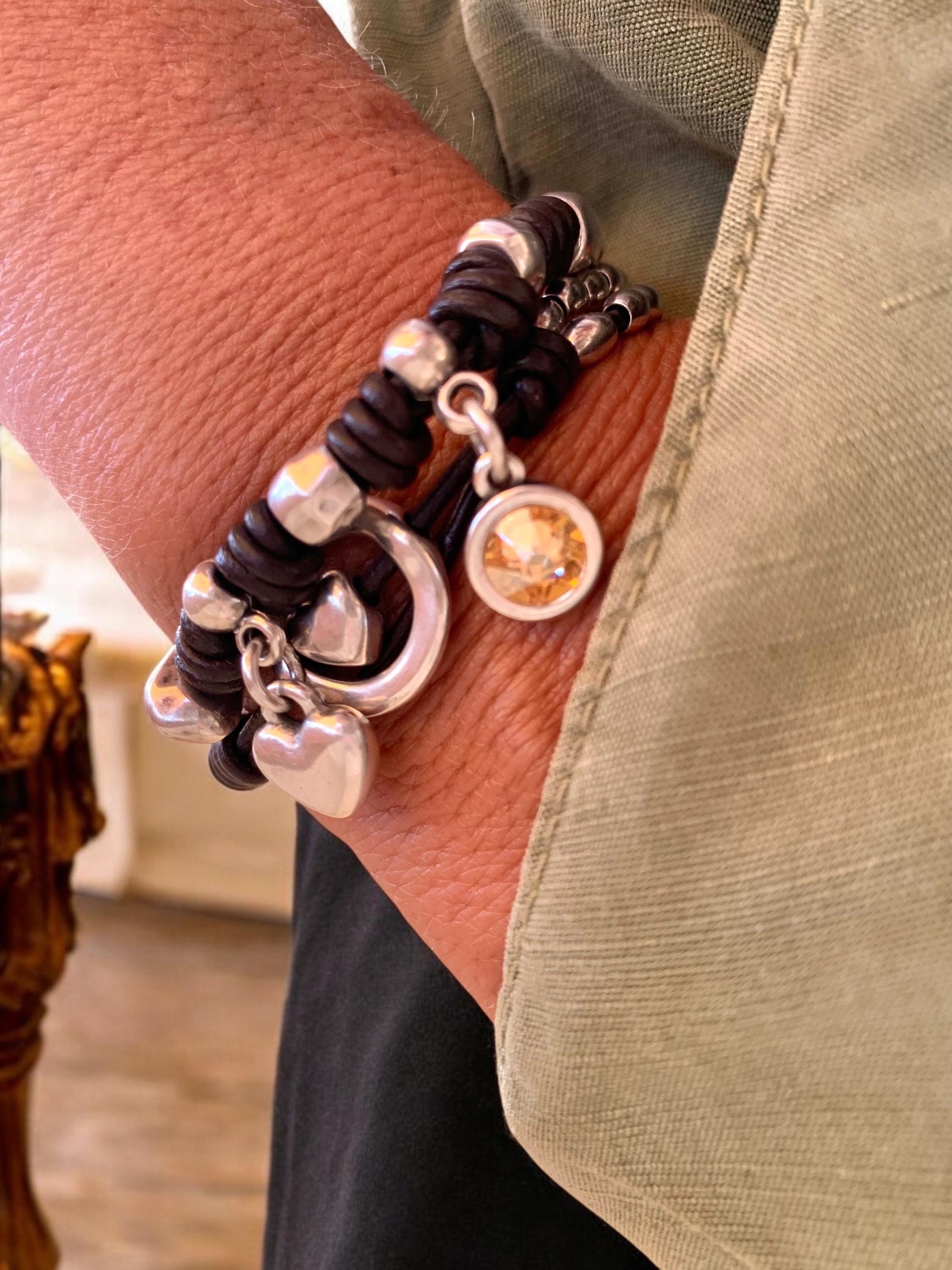 Handmade Wrap Leather and Silver plated cuff Bracelet with Swarovski Crystal & Heart Charms