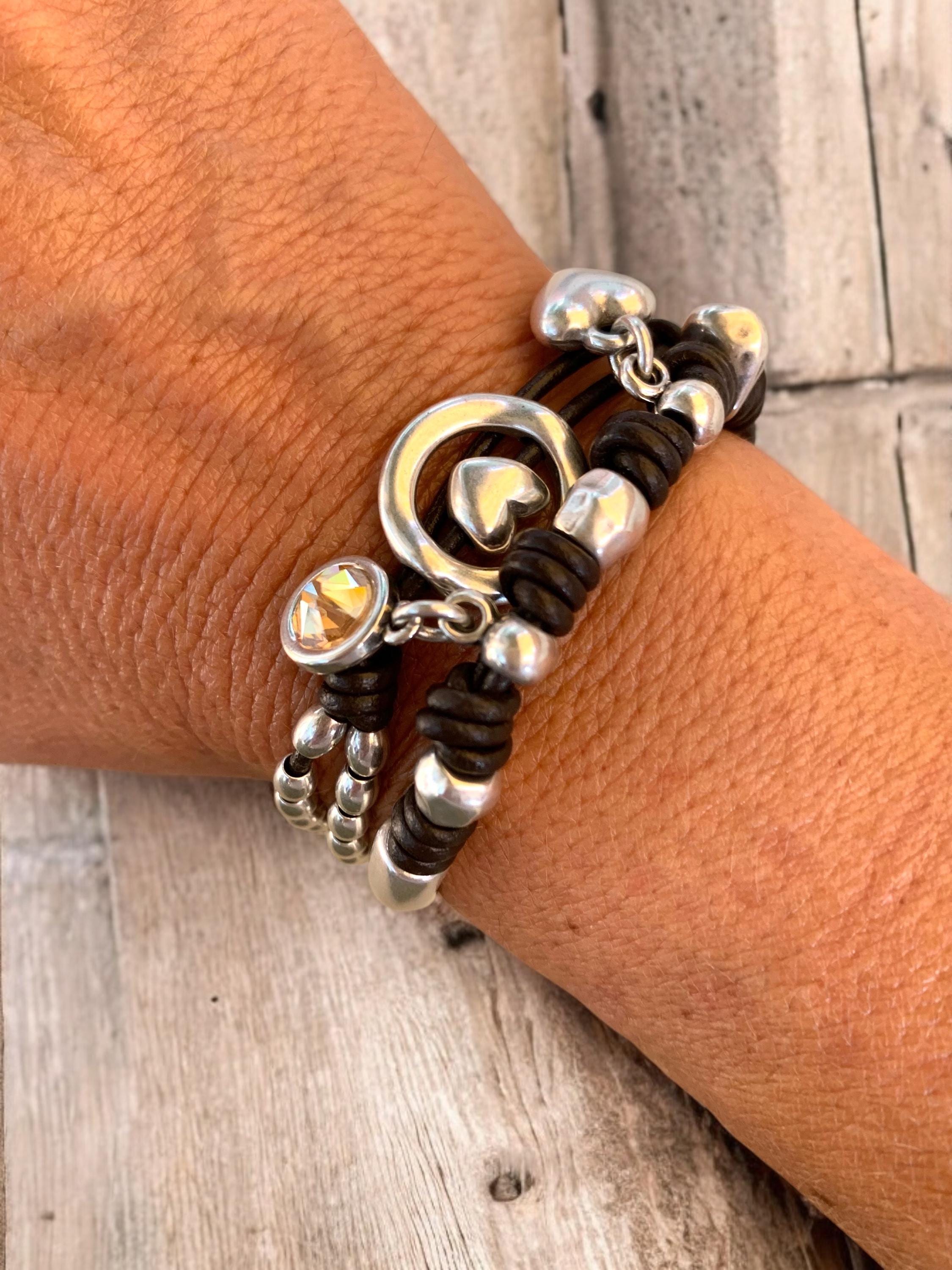 Handmade Wrap Leather and Silver plated cuff Bracelet with Swarovski Crystal & Heart Charms