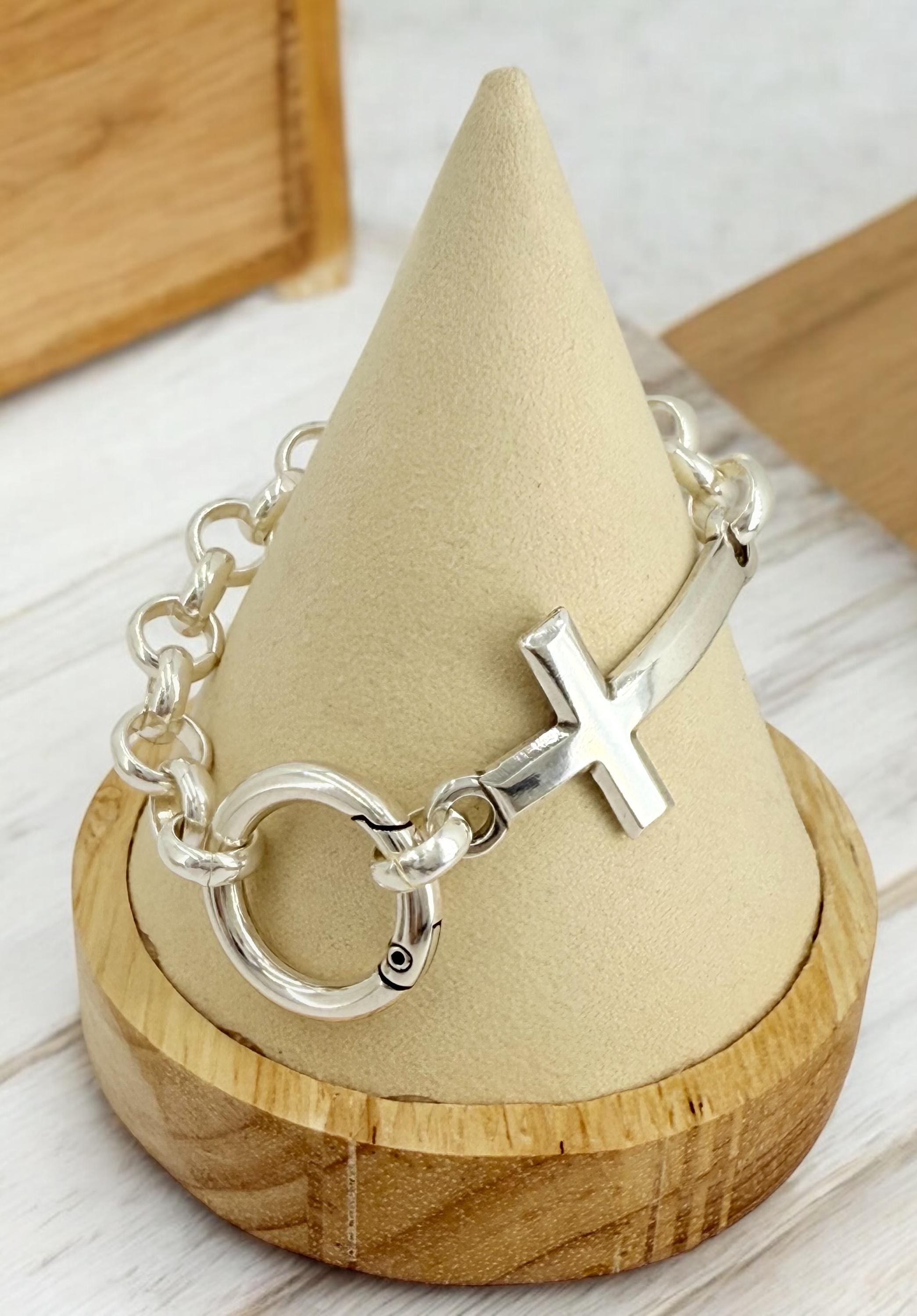 Chunky Silver Chain Bracelet with Cross, Bold Rolo Link, Heavyweight custom Jewelry