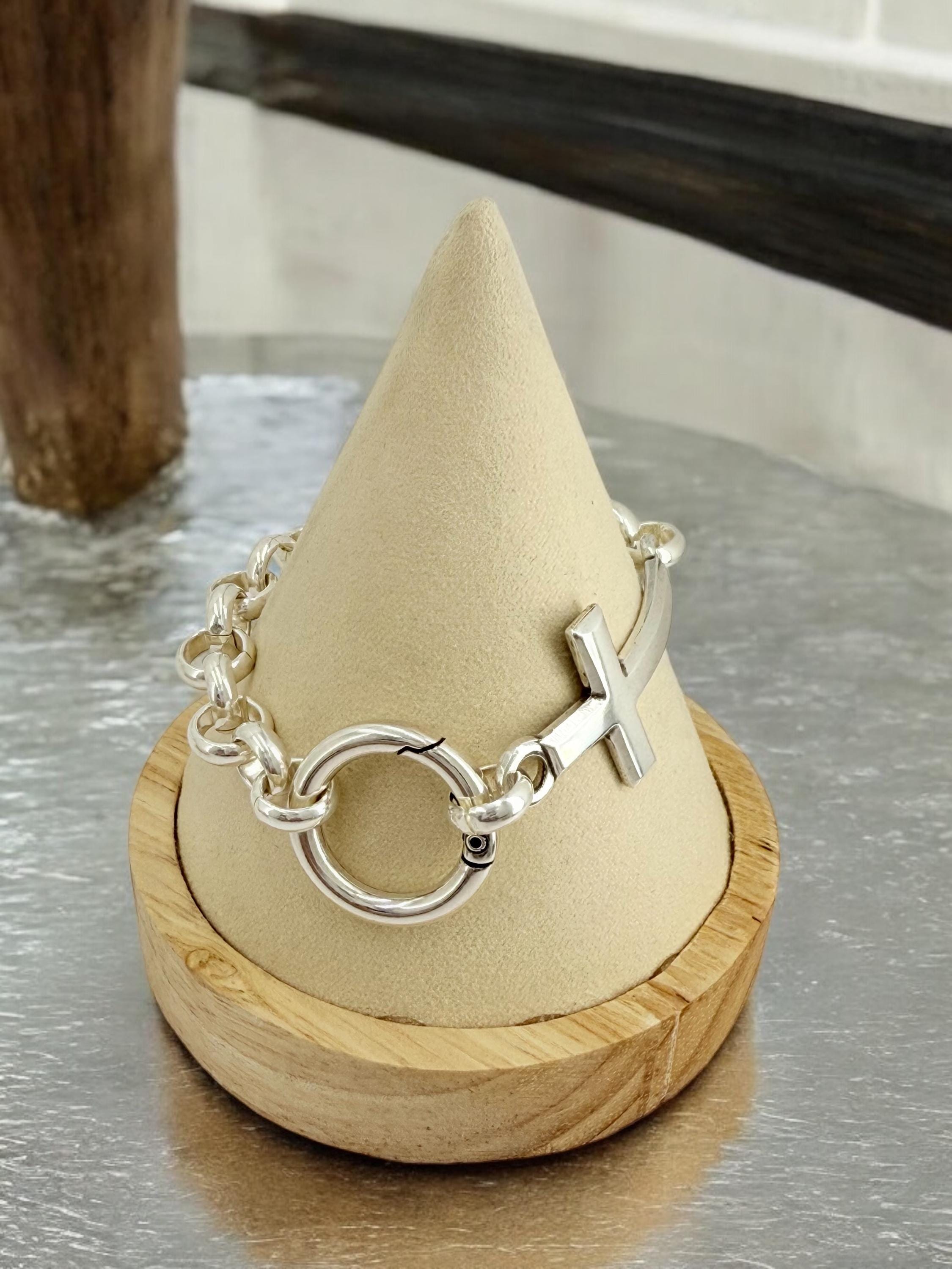 Chunky Silver Chain Bracelet with Cross, Bold Rolo Link, Heavyweight custom Jewelry