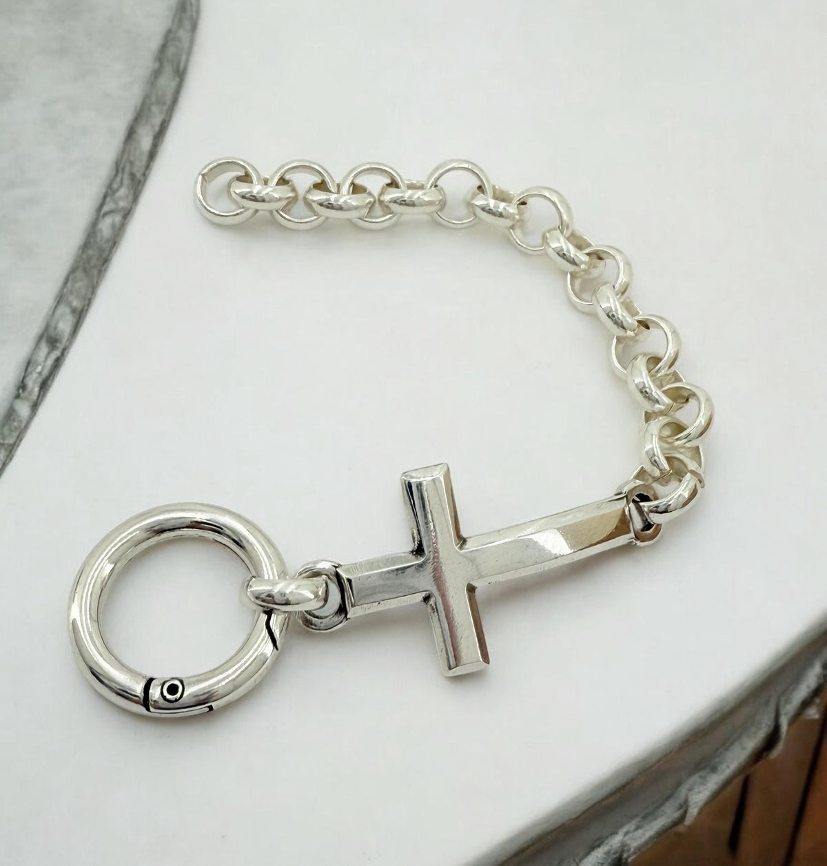 Chunky Silver Chain Bracelet with Cross, Bold Rolo Link, Heavyweight custom Jewelry