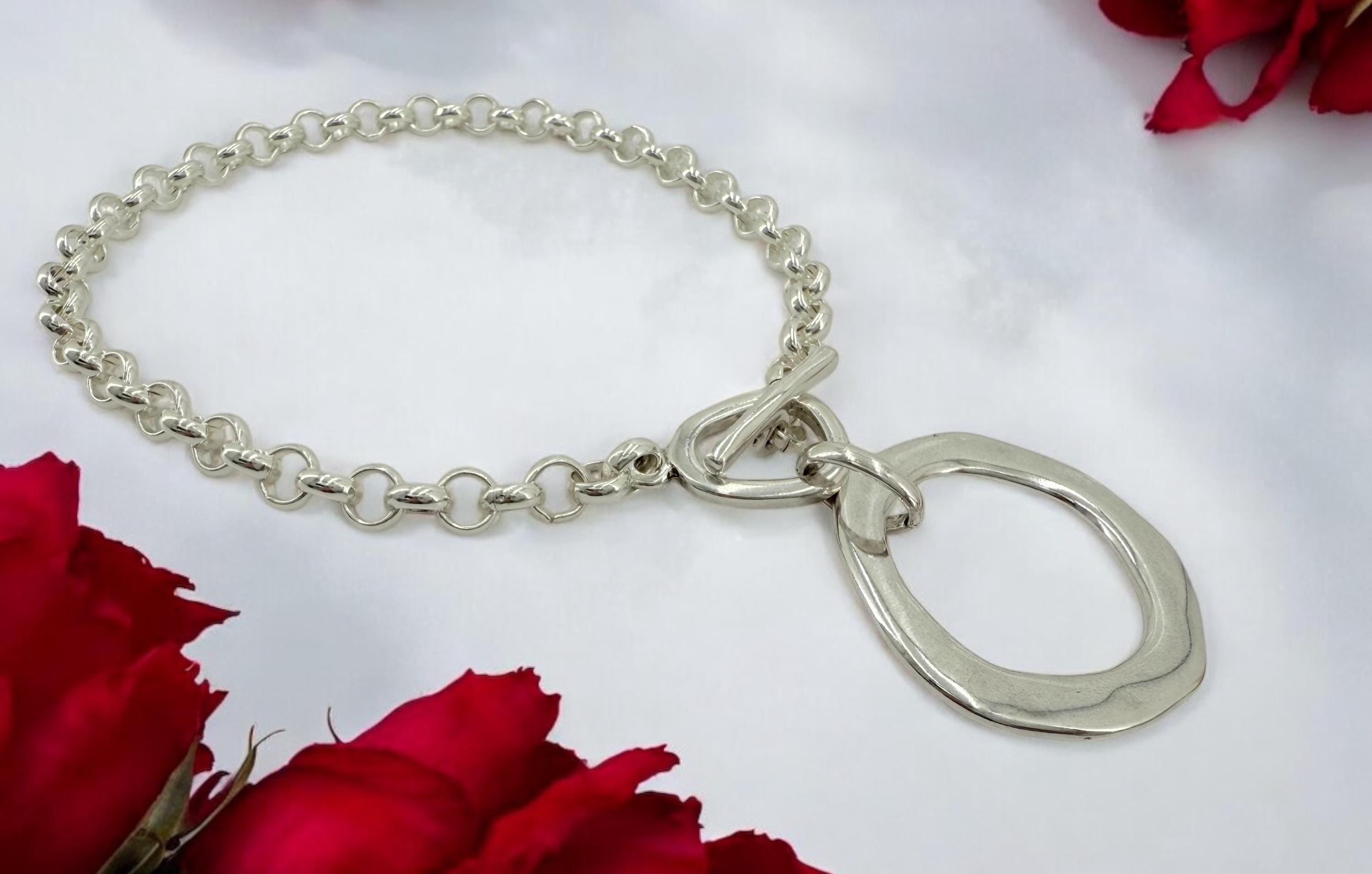 Statement circle pendant chunky chain silver plated toggle necklace, bold handmade jewelry