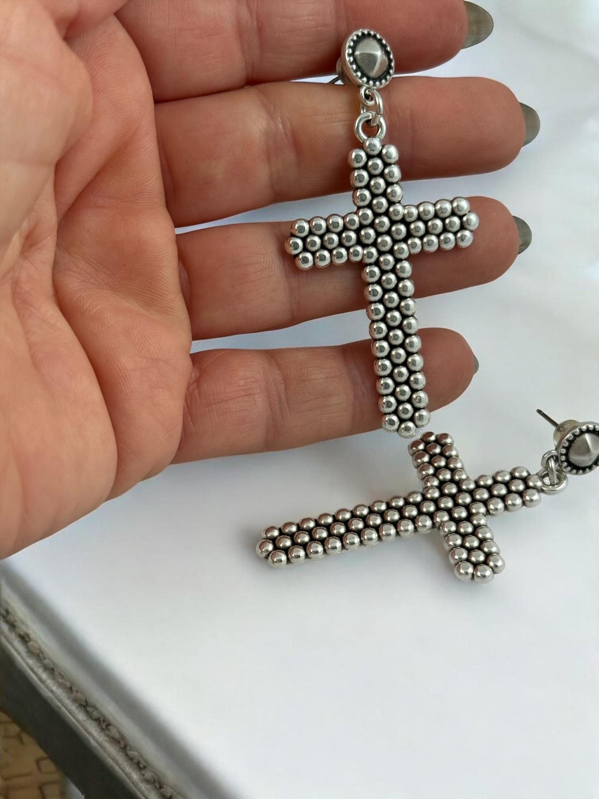 Chunky silver cross earrings, oversize rock style, statement bold jewelry