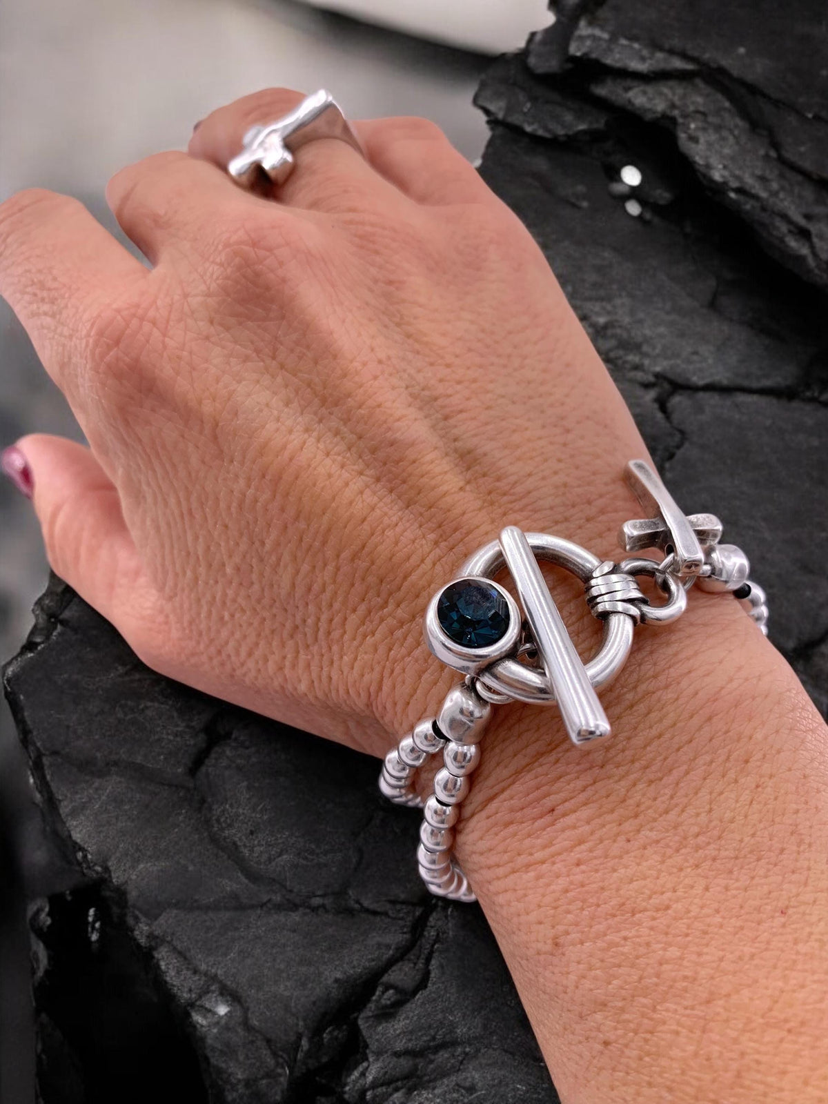 Handmade silver beaded cross charm Bracelet with toggle clasp and Swarovski accent