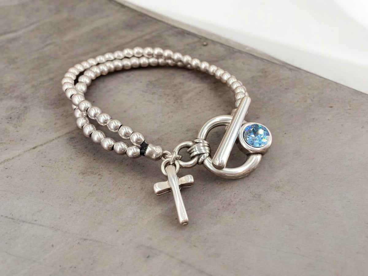 Handmade silver beaded cross charm Bracelet with toggle clasp and Swarovski accent