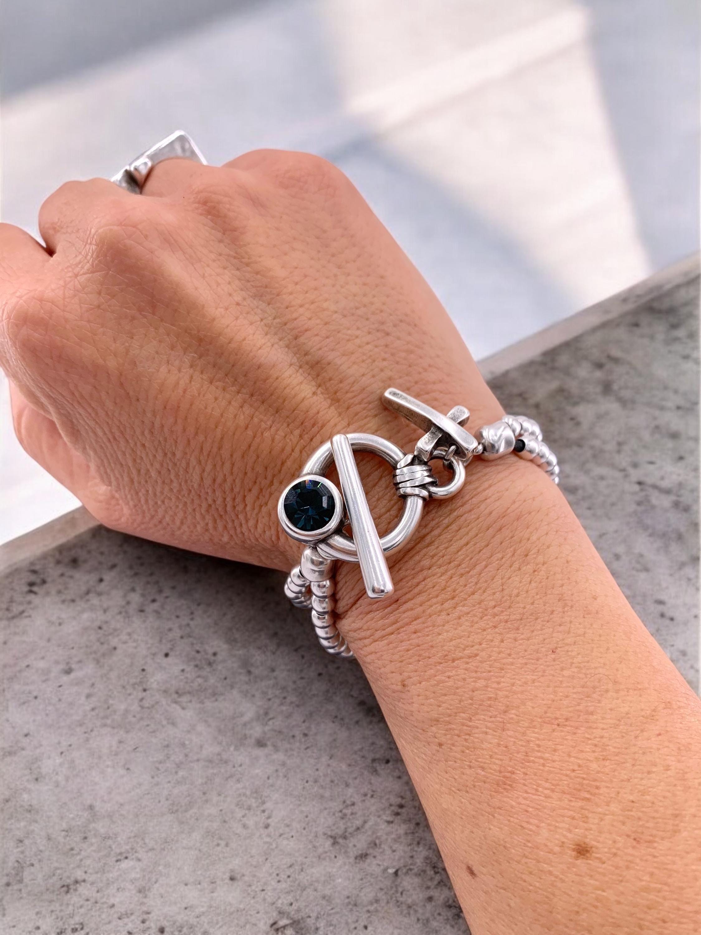 Handmade silver beaded cross charm Bracelet with toggle clasp and Swarovski accent