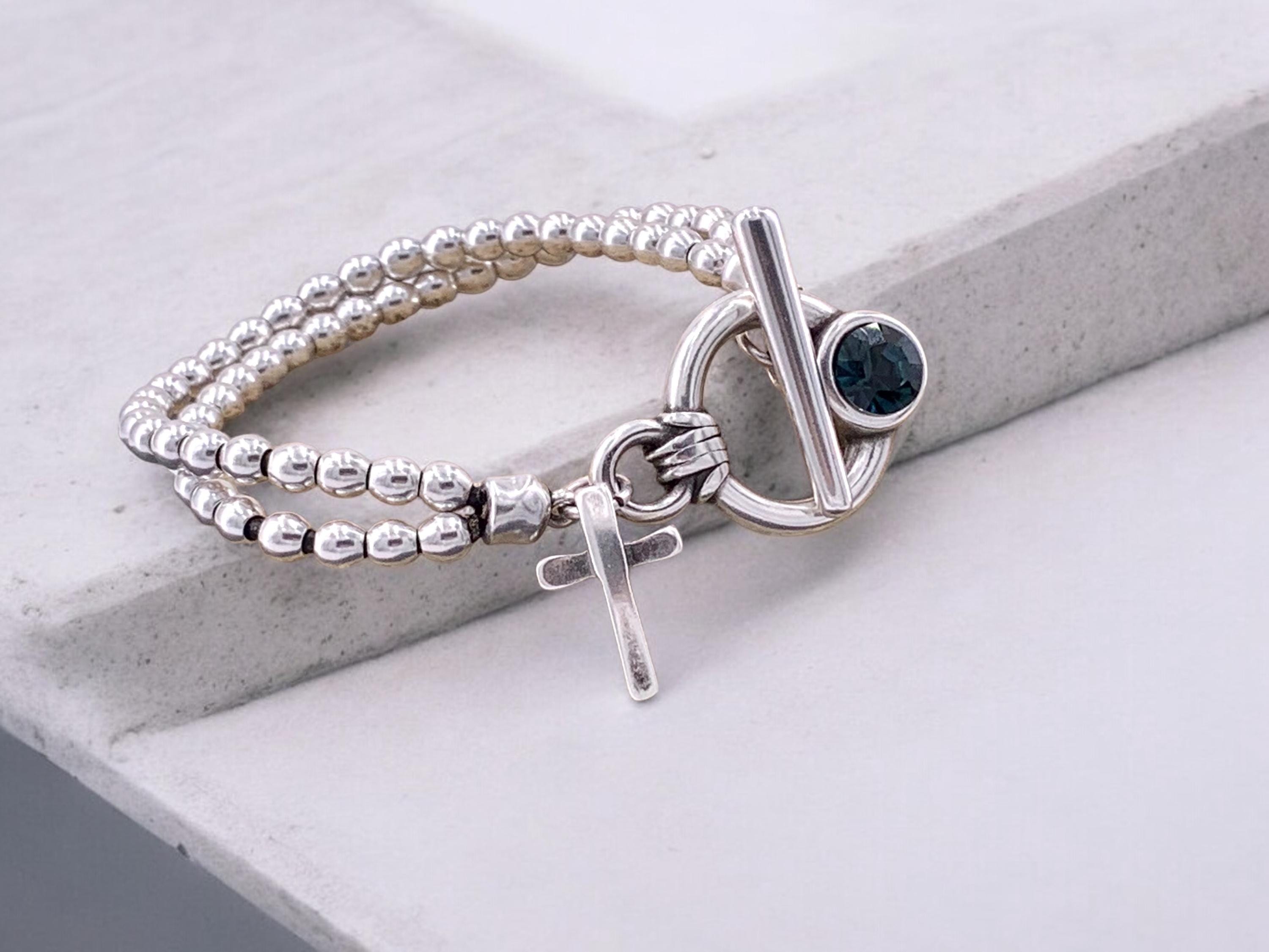 Handmade silver beaded cross charm Bracelet with toggle clasp and Swarovski accent