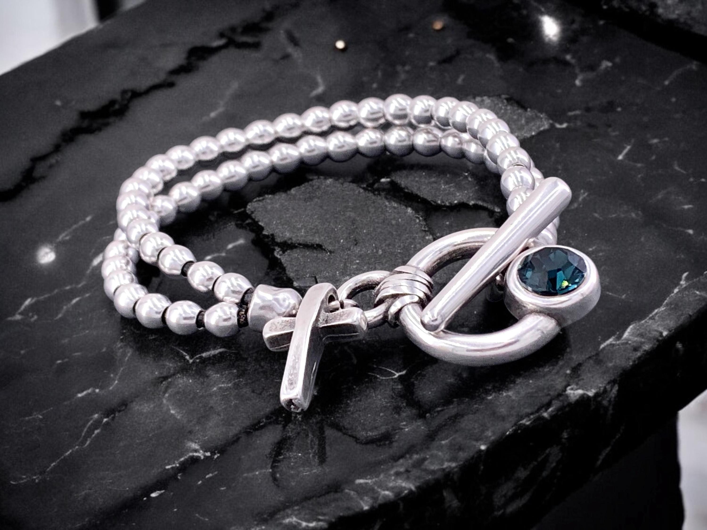 Handmade silver beaded cross charm Bracelet with toggle clasp and Swarovski accent