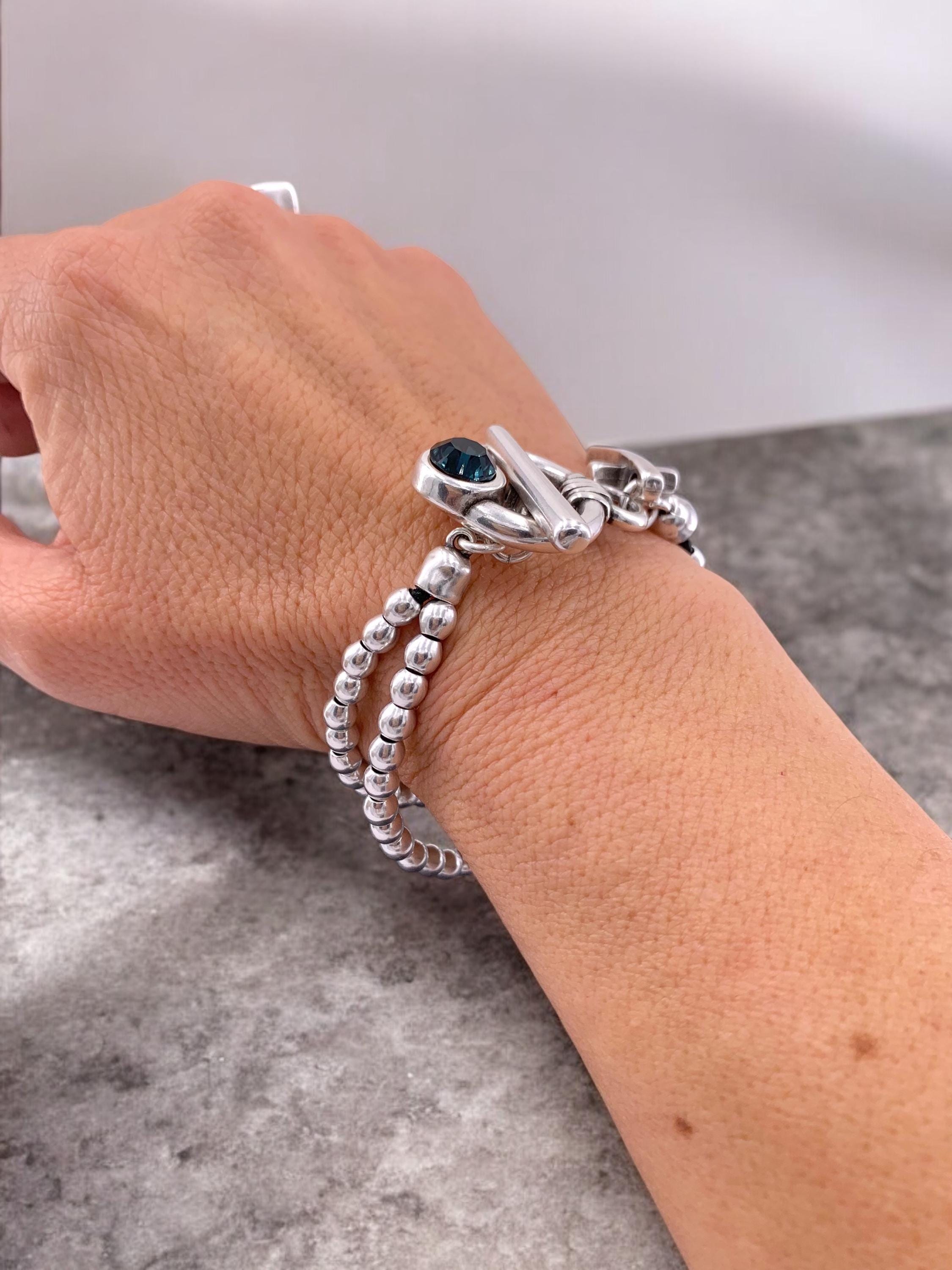 Handmade silver beaded cross charm Bracelet with toggle clasp and Swarovski accent