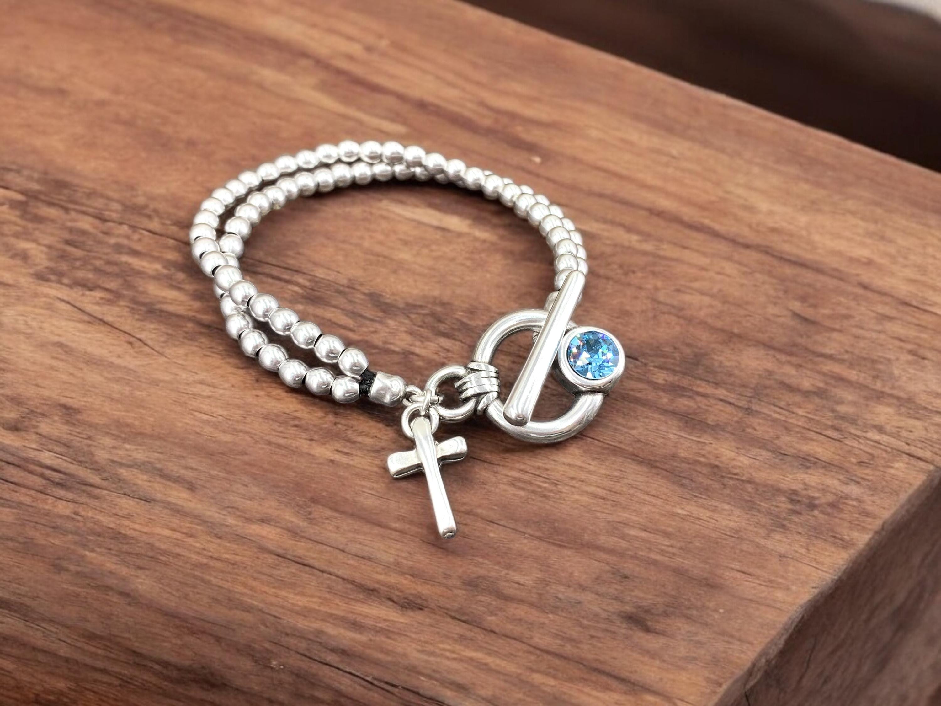 Handmade silver beaded cross charm Bracelet with toggle clasp and Swarovski accent