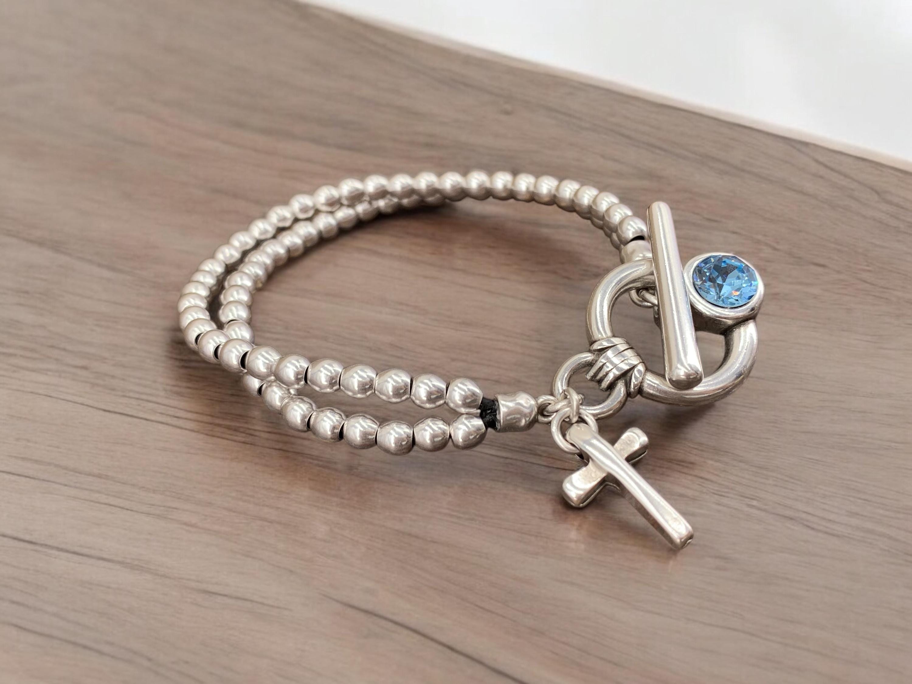 Handmade silver beaded cross charm Bracelet with toggle clasp and Swarovski accent