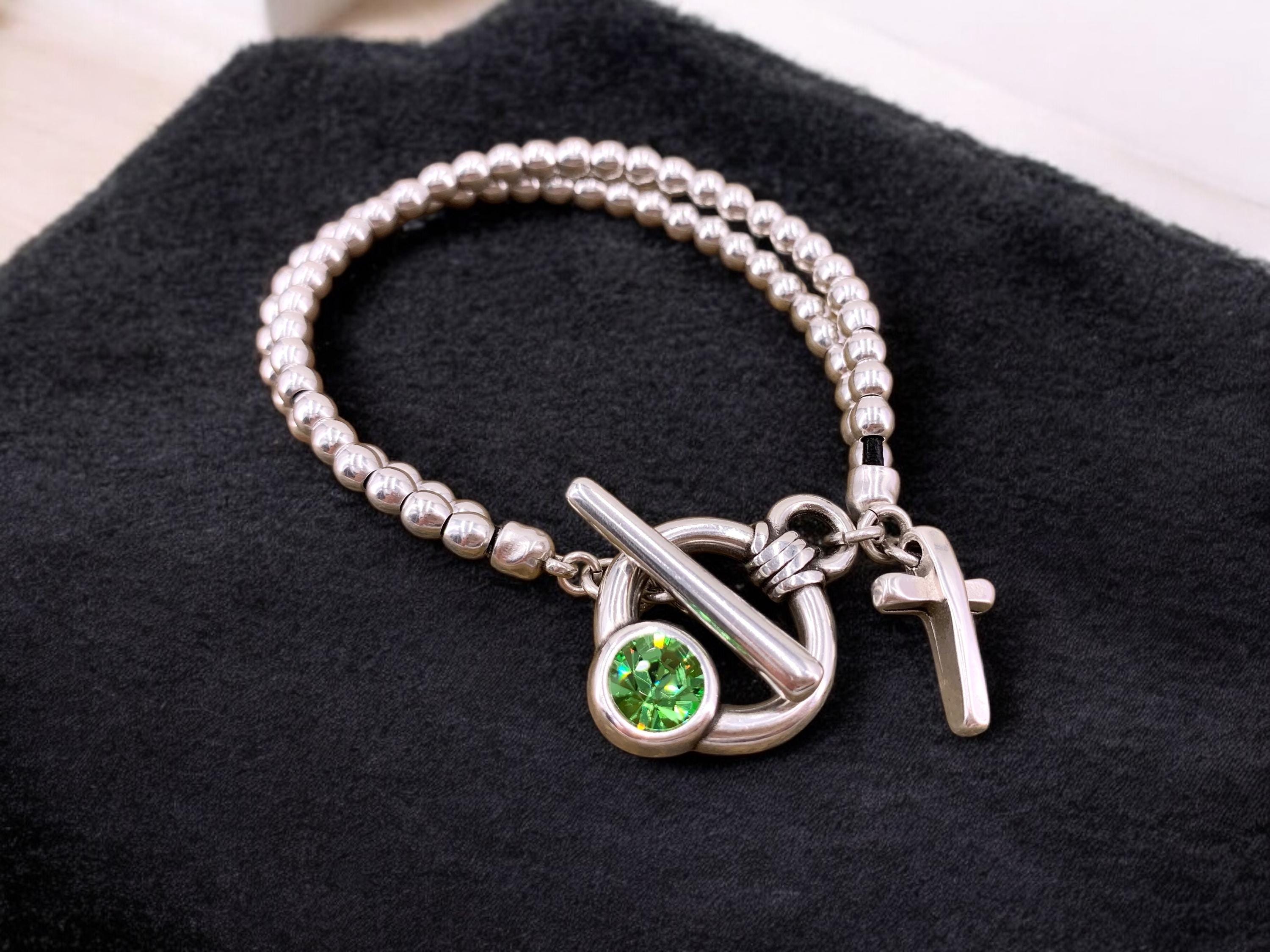 Handmade silver beaded cross charm Bracelet with toggle clasp and Swarovski accent