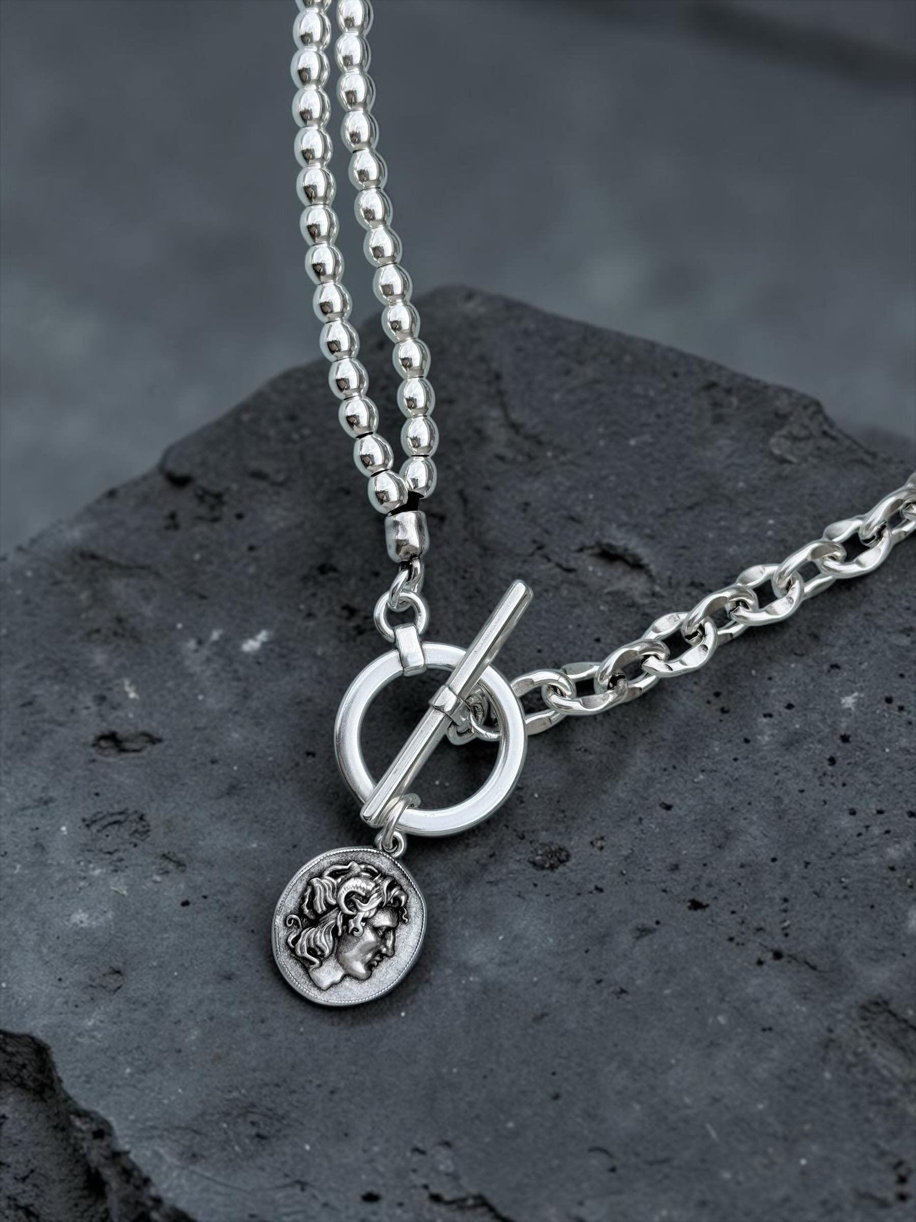 chunky silver necklace, coin pendant necklace, bold chain choker, chunky beaded dangle necklace, toggle clasp choker, style,