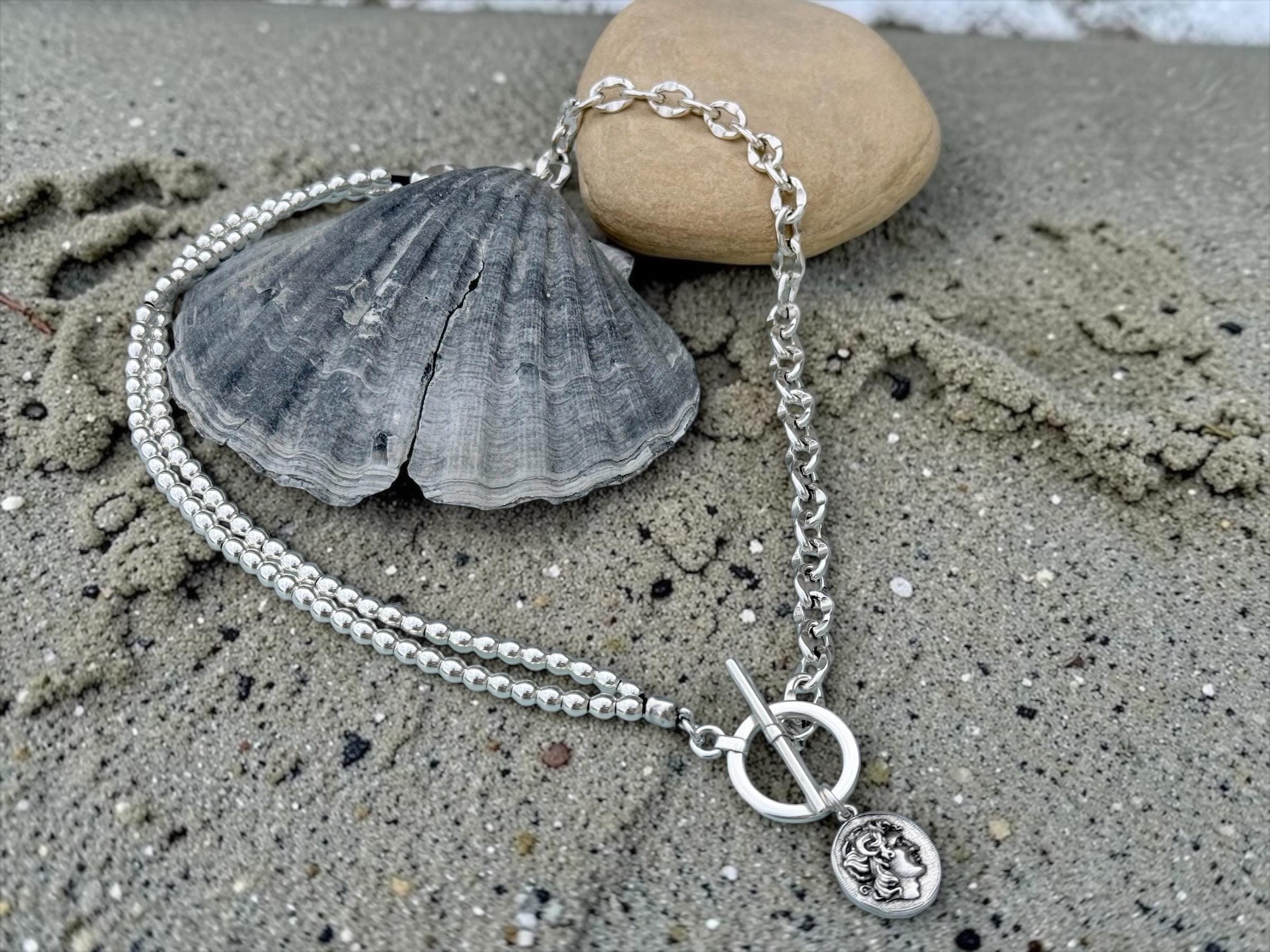 chunky silver necklace, coin pendant necklace, bold chain choker, chunky beaded dangle necklace, toggle clasp choker, style,