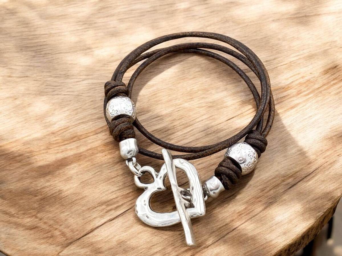Leather multi strand bracelet with silver heart toggle clasp, handmade customized jewelry