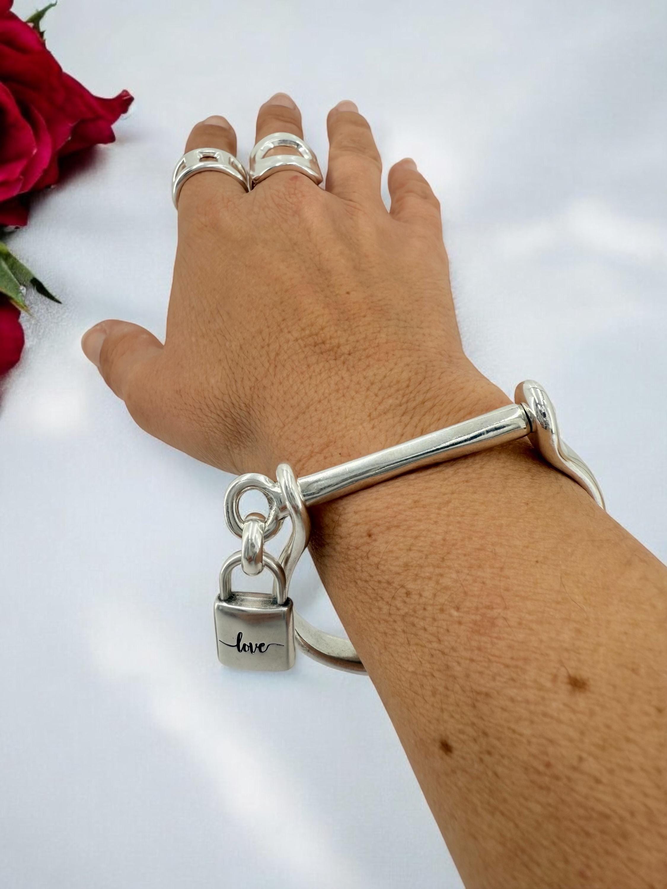 Womens silver cuff rigid bracelet, padlock handcuff