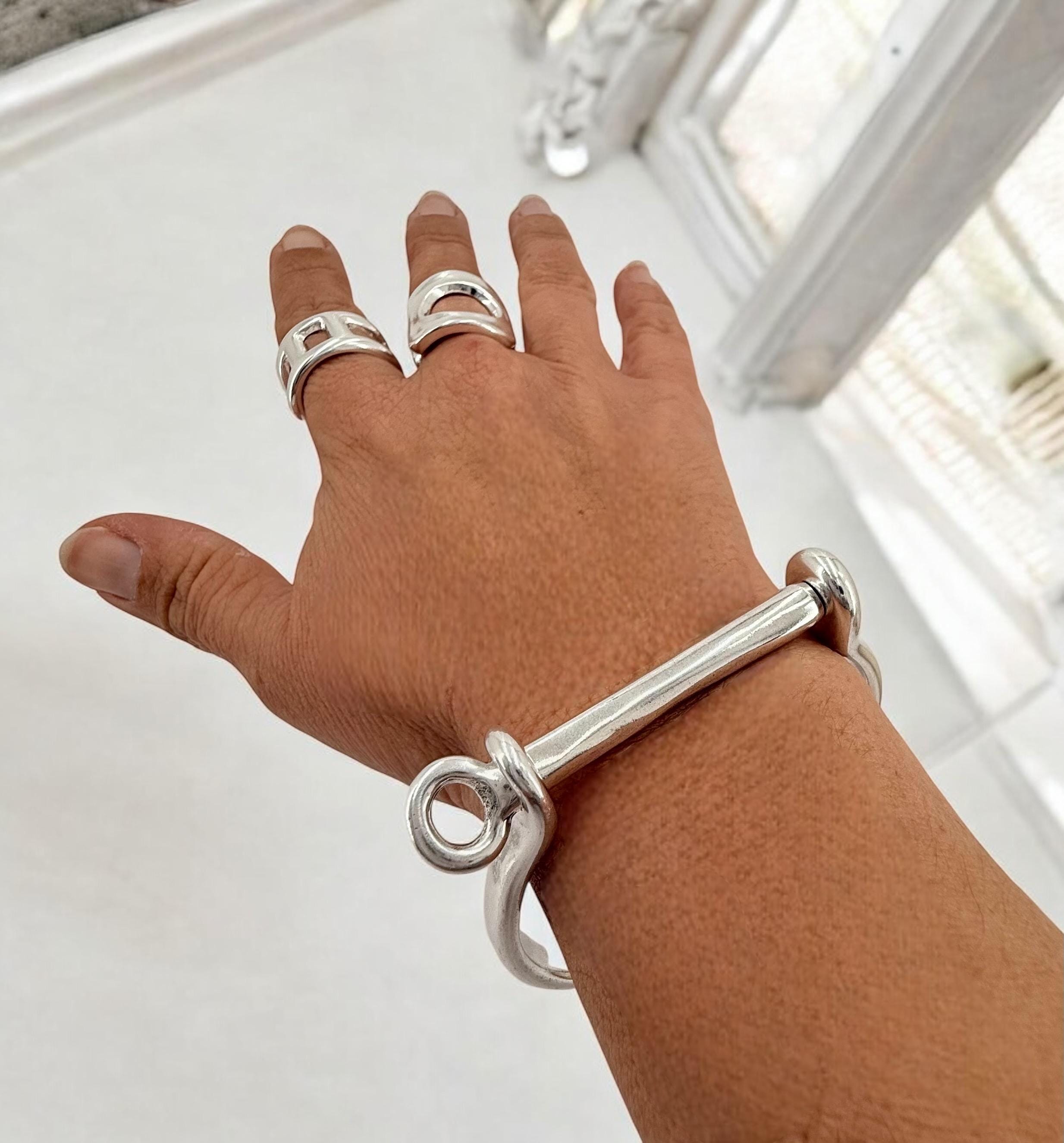 Womens silver cuff rigid bracelet, padlock handcuff