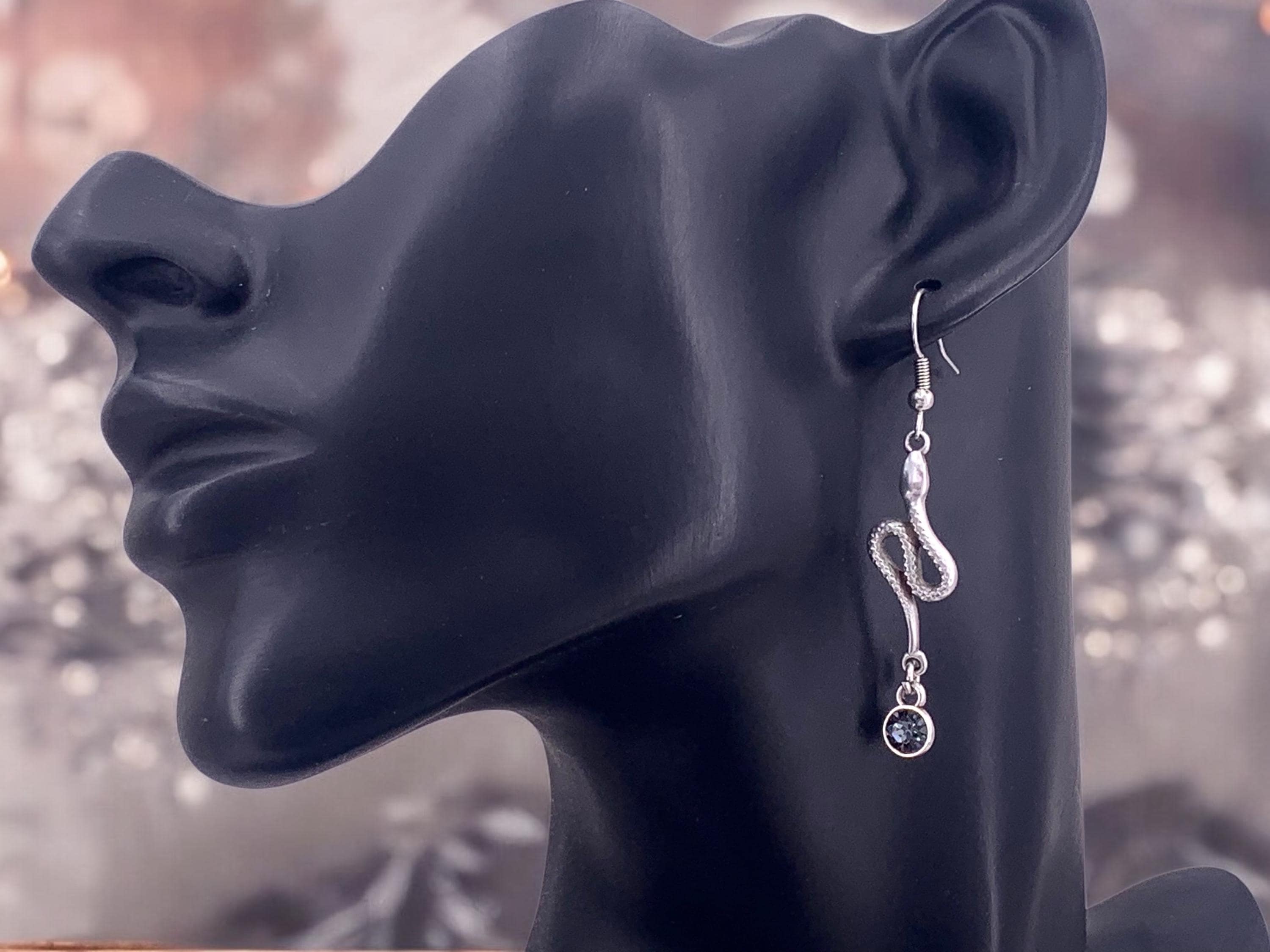 Snake shaped long silver dangling earrings with Swarovski crystal, stunning long earring, snake earrings, , valentines gift