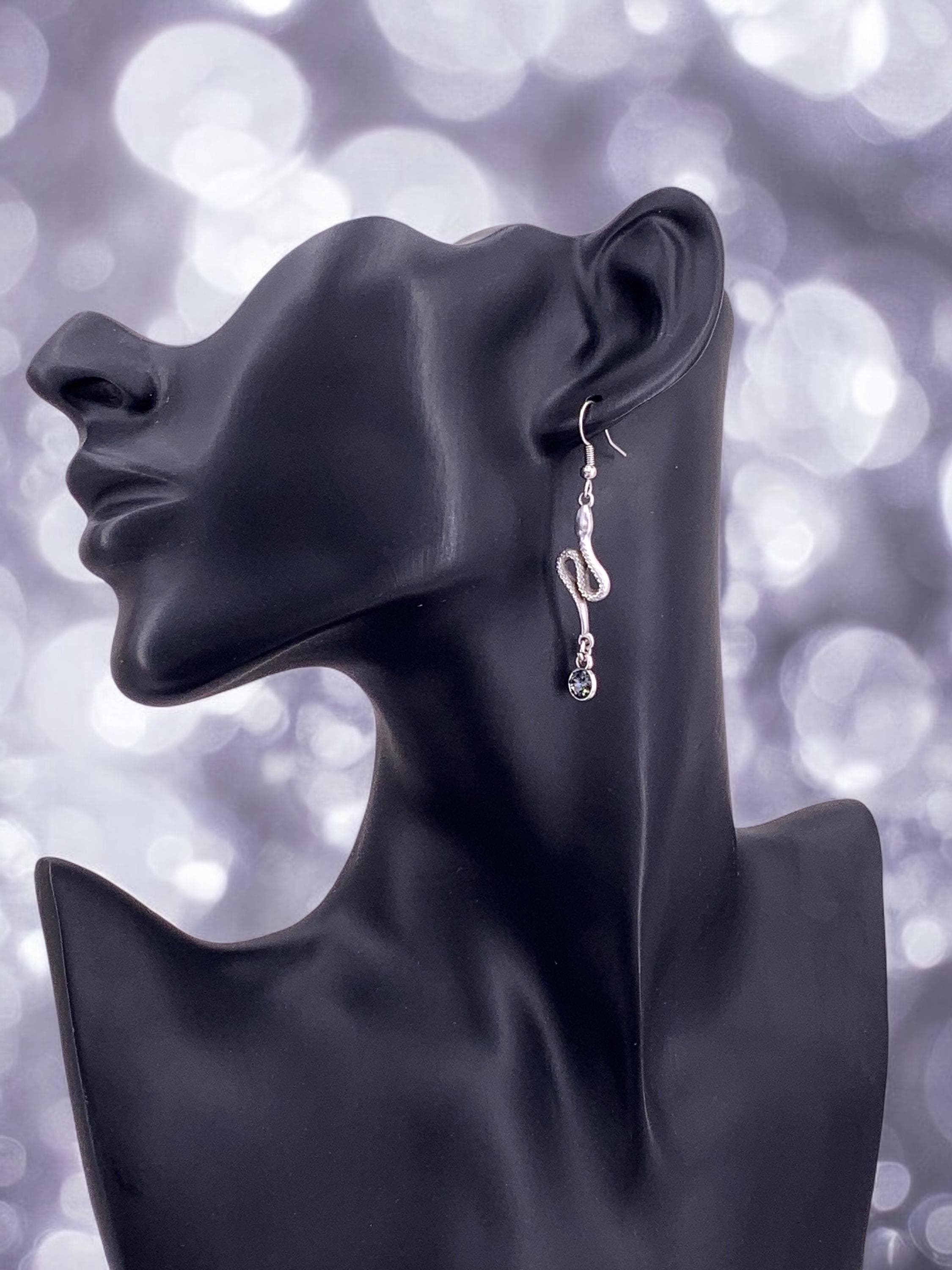Snake shaped long silver dangling earrings with Swarovski crystal, stunning long earring, snake earrings, , valentines gift