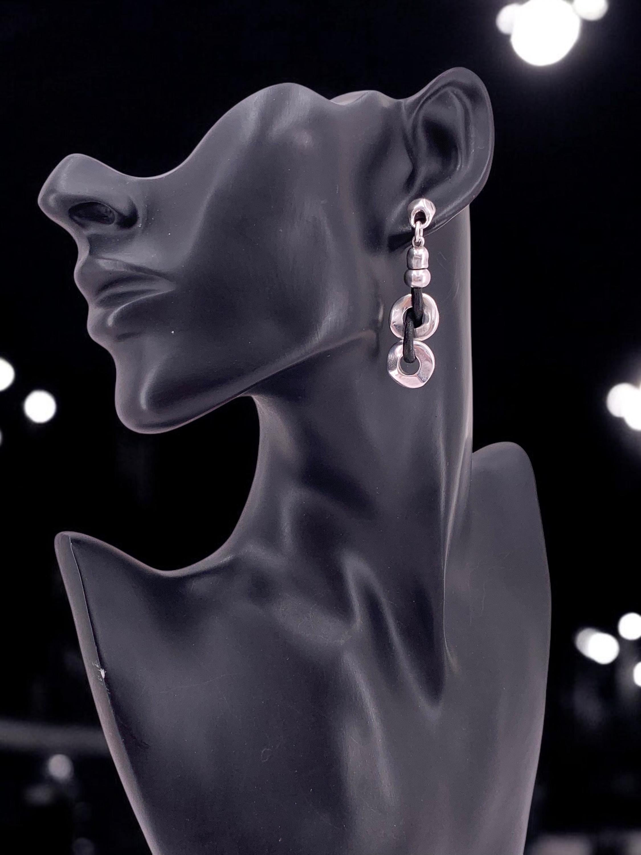 Chunky Silver-Plated oversized Chain Earrings with Spanish Leather – Artisan Statement Design by Kukuri -