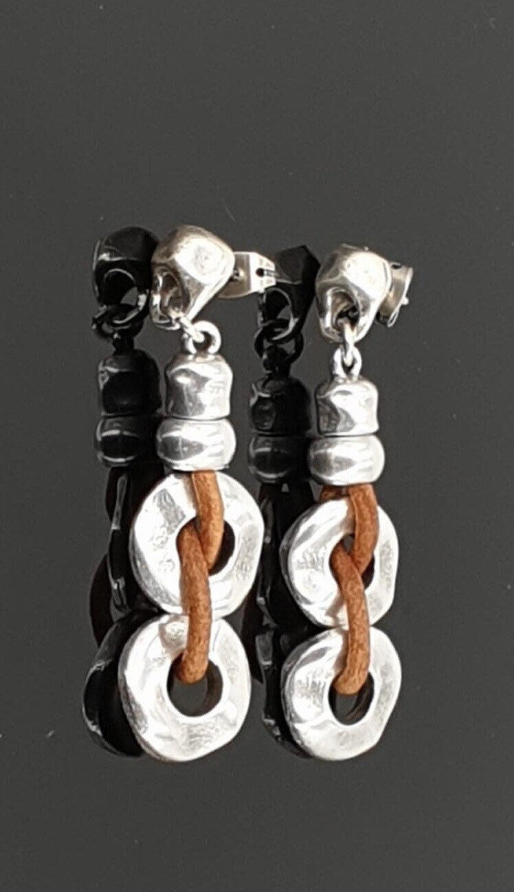 Chunky Silver-Plated oversized Chain Earrings with Spanish Leather – Artisan Statement Design by Kukuri -
