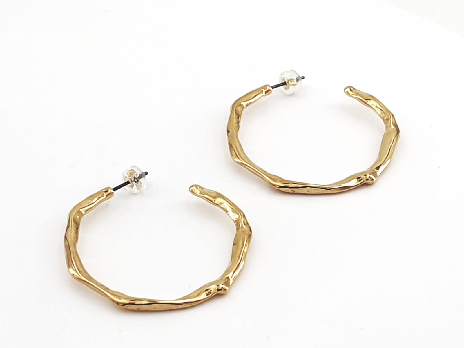 Large Organic Hammered Hoop Earrings, 24k Gold or Silver Plating, Surgical Steel Posts