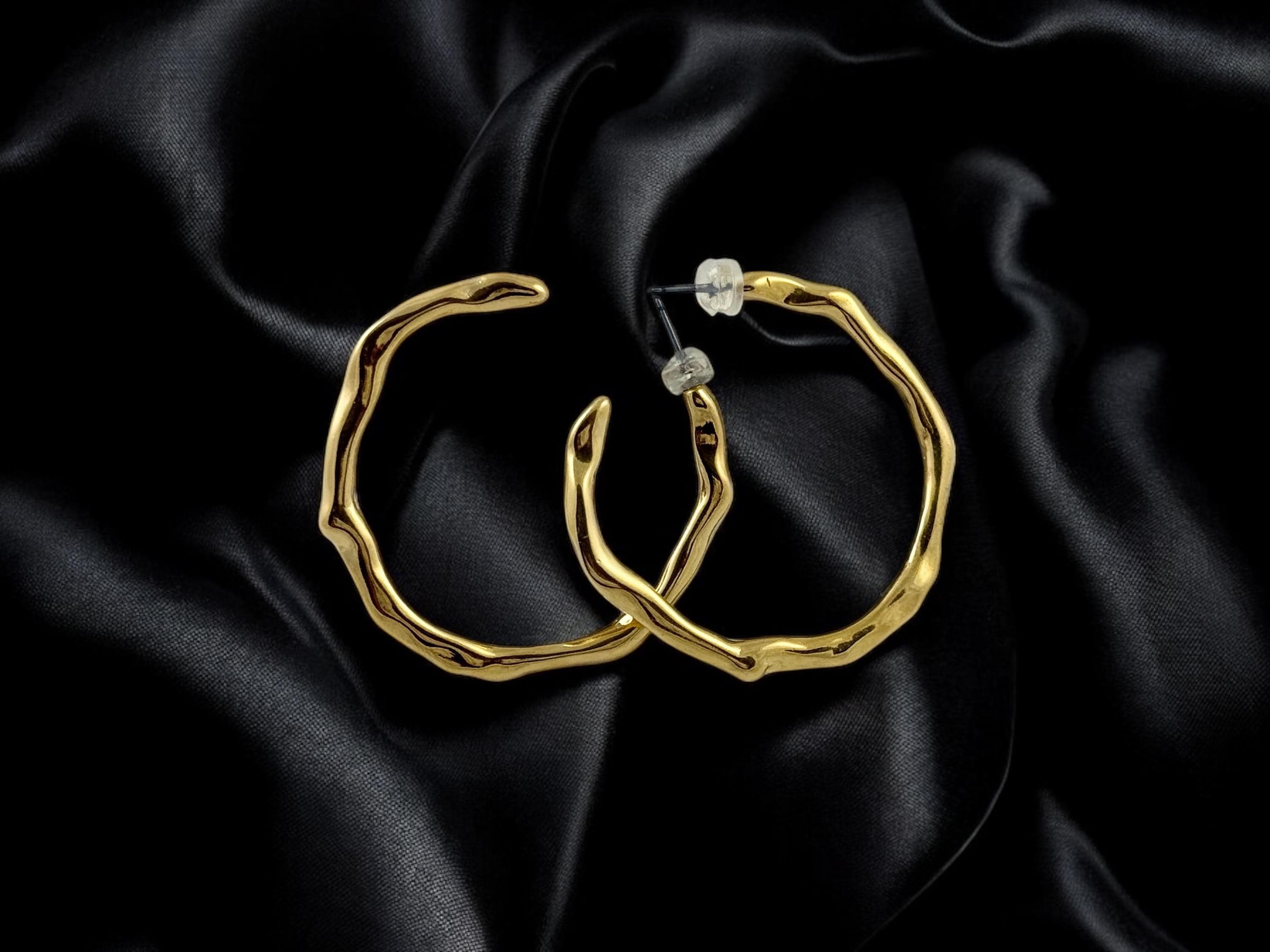 Large Organic Hammered Hoop Earrings, 24k Gold or Silver Plating, Surgical Steel Posts