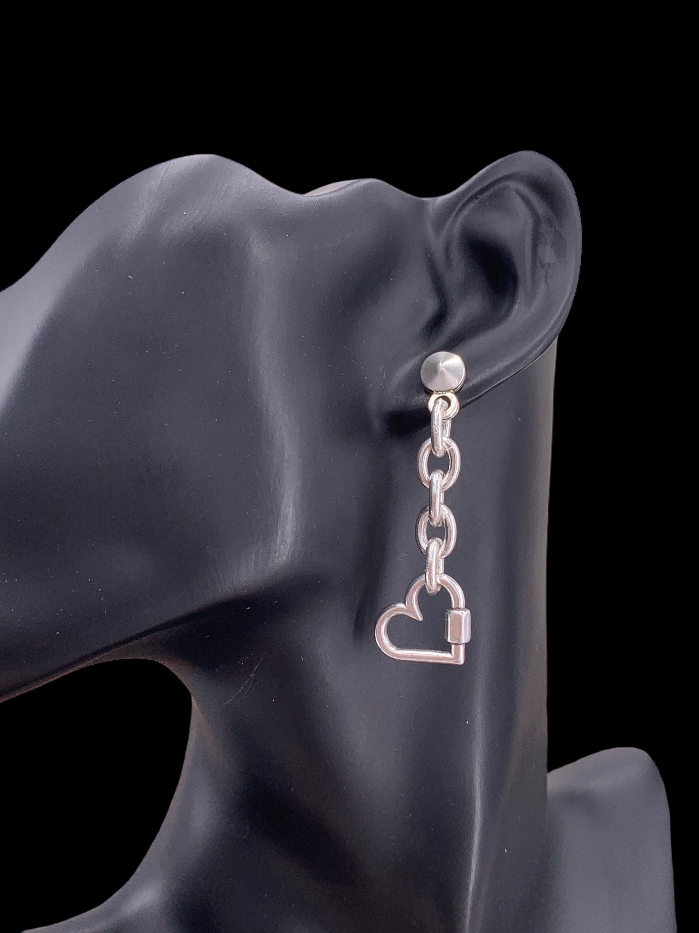 Silver chunky dangle earrings with heart pendant charm, long boho studs. Handmade