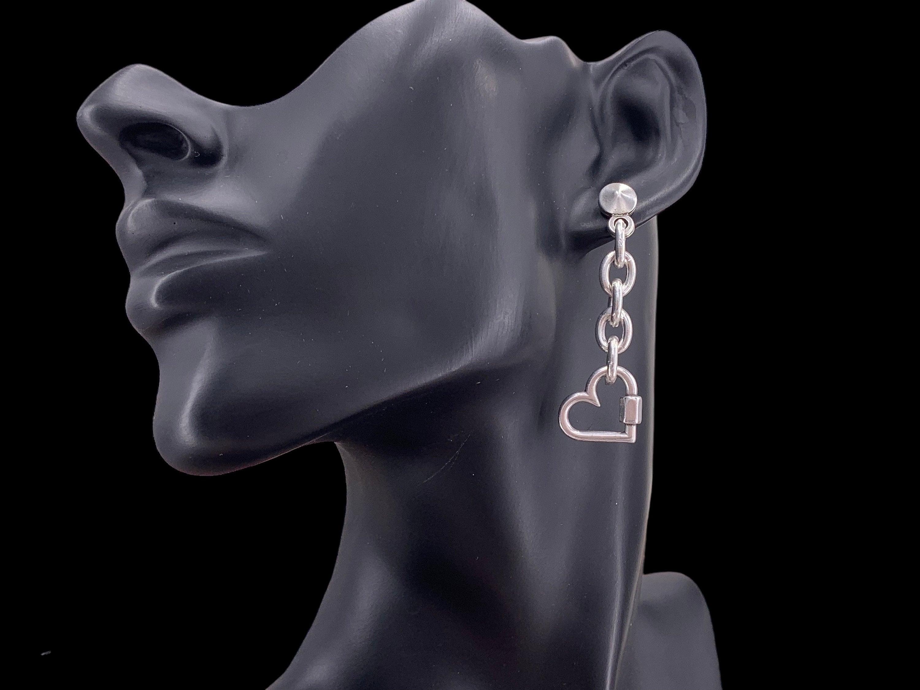 Silver chunky dangle earrings with heart pendant charm, long boho studs. Handmade