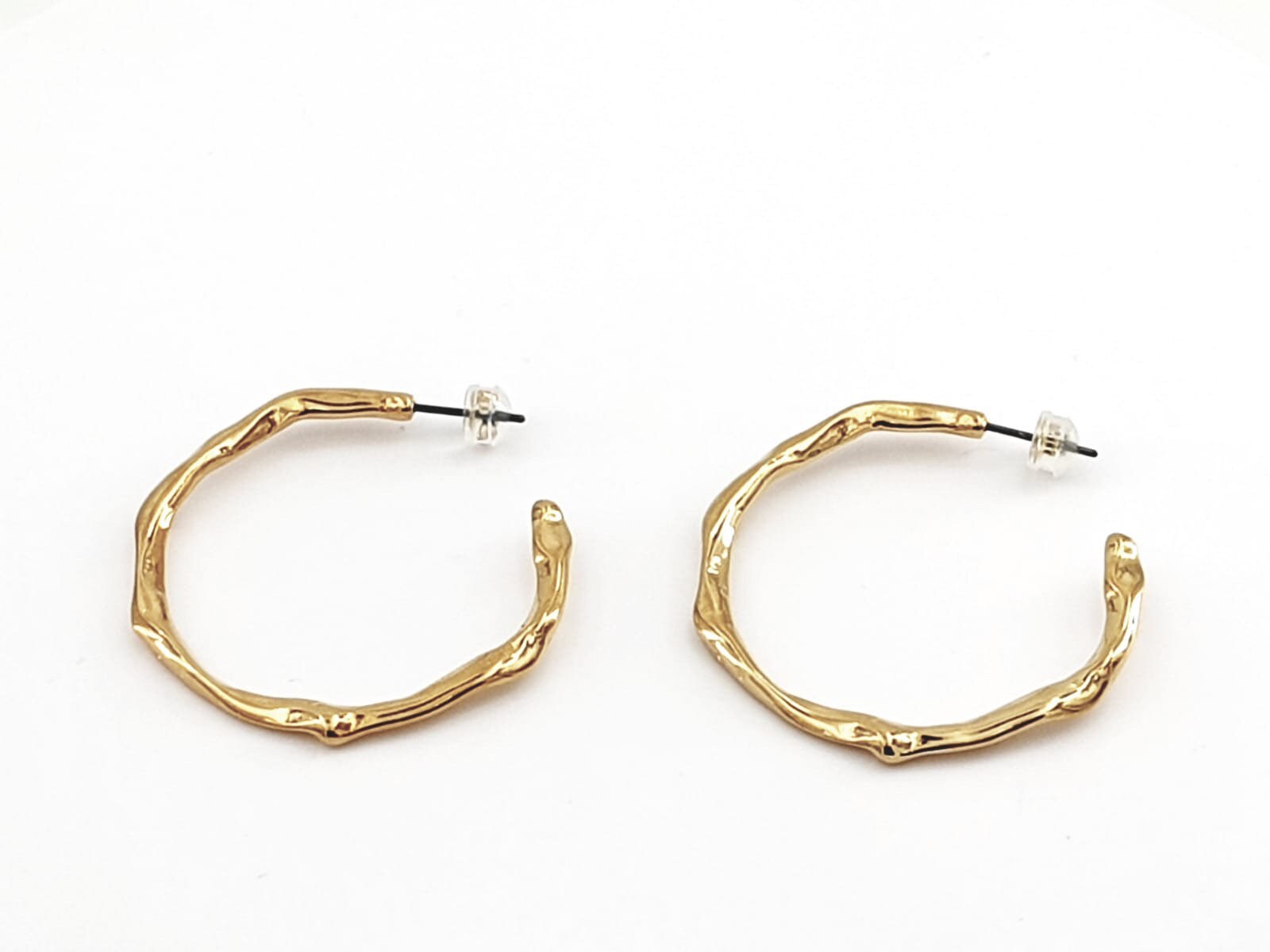 Large Organic Hammered Hoop Earrings, 24k Gold or Silver Plating, Surgical Steel Posts