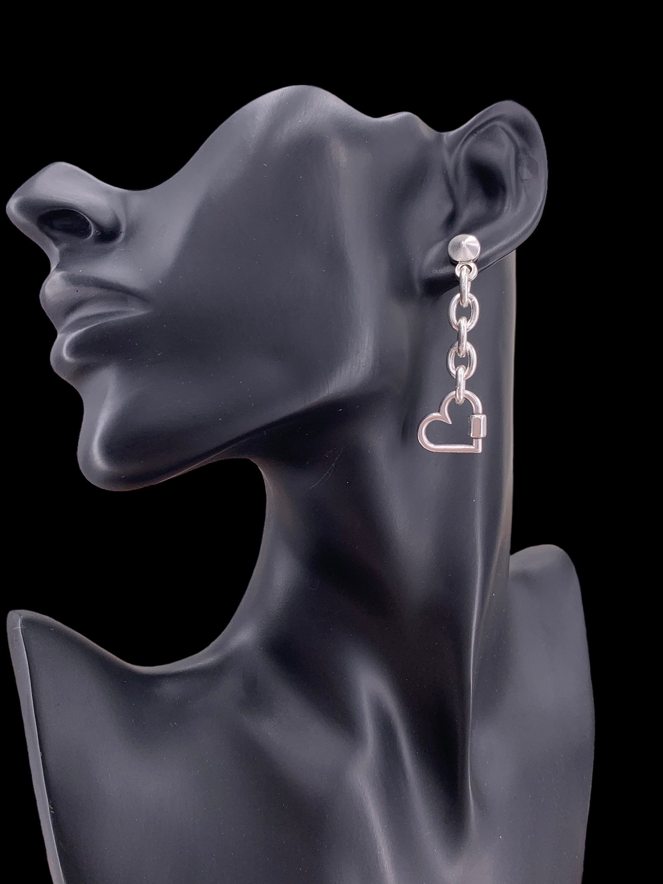 Silver chunky dangle earrings with heart pendant charm, long boho studs. Handmade