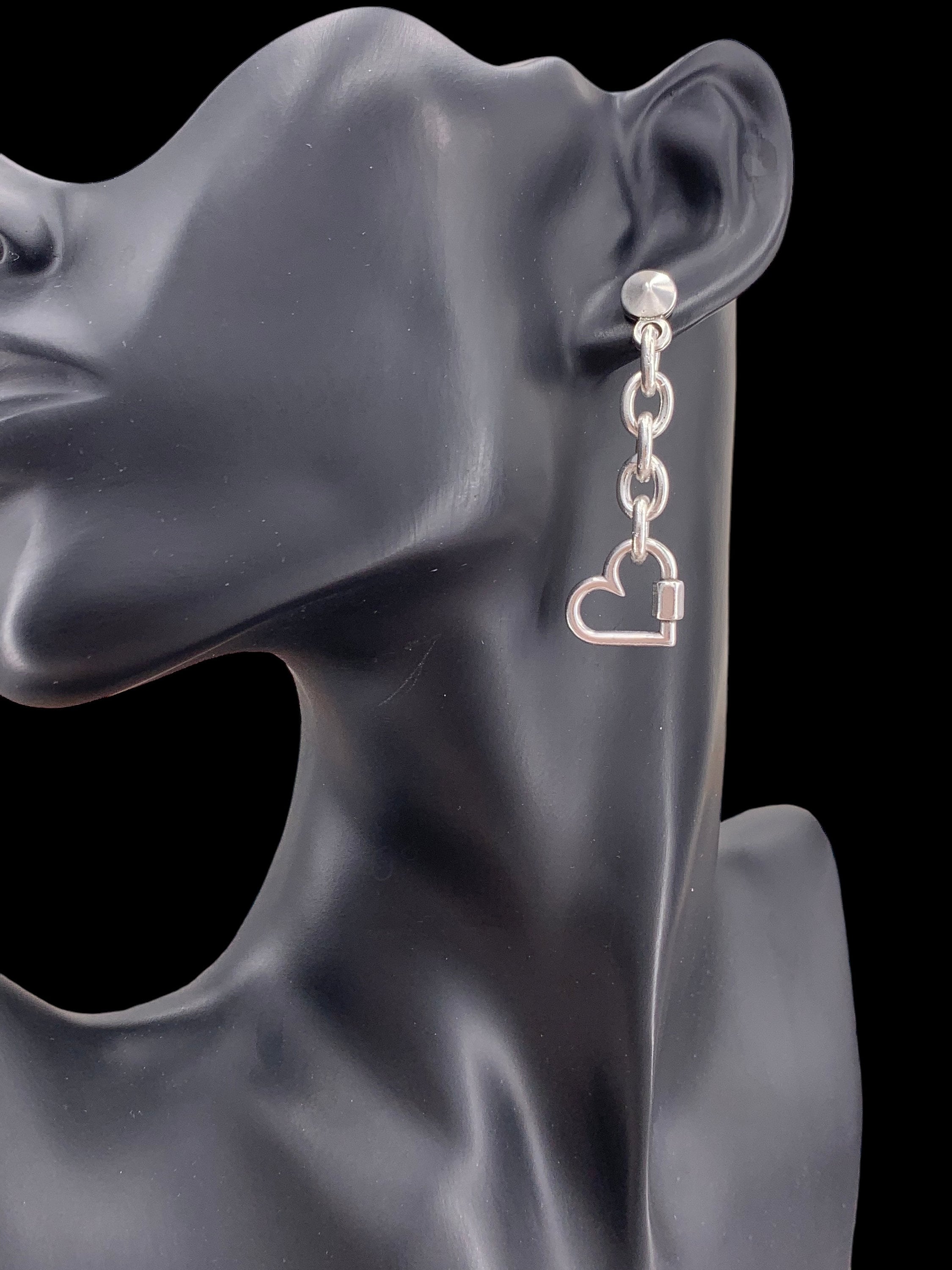 Silver chunky dangle earrings with heart pendant charm, long boho studs. Handmade