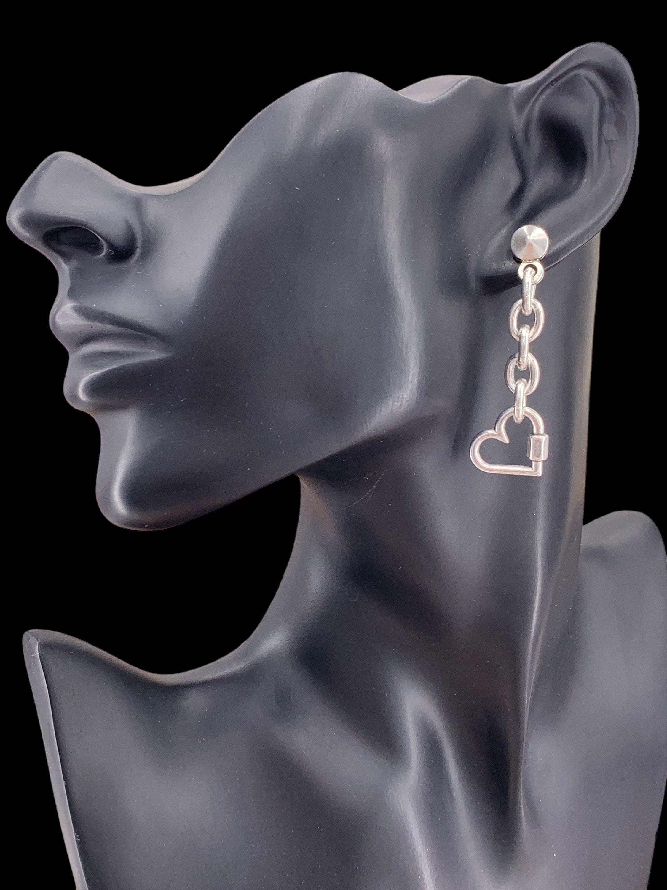Silver chunky dangle earrings with heart pendant charm, long boho studs. Handmade
