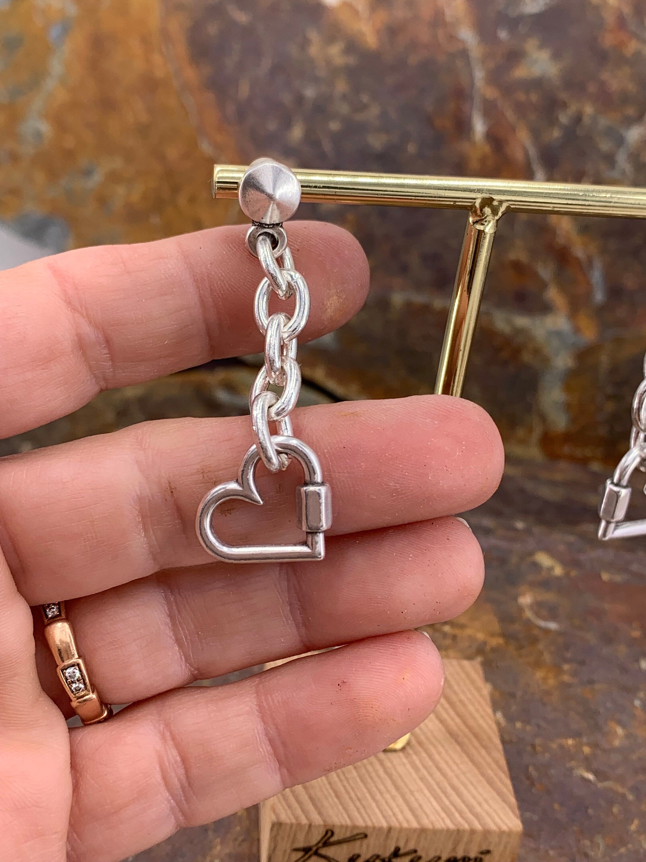 Silver chunky dangle earrings with heart pendant charm, long boho studs. Handmade