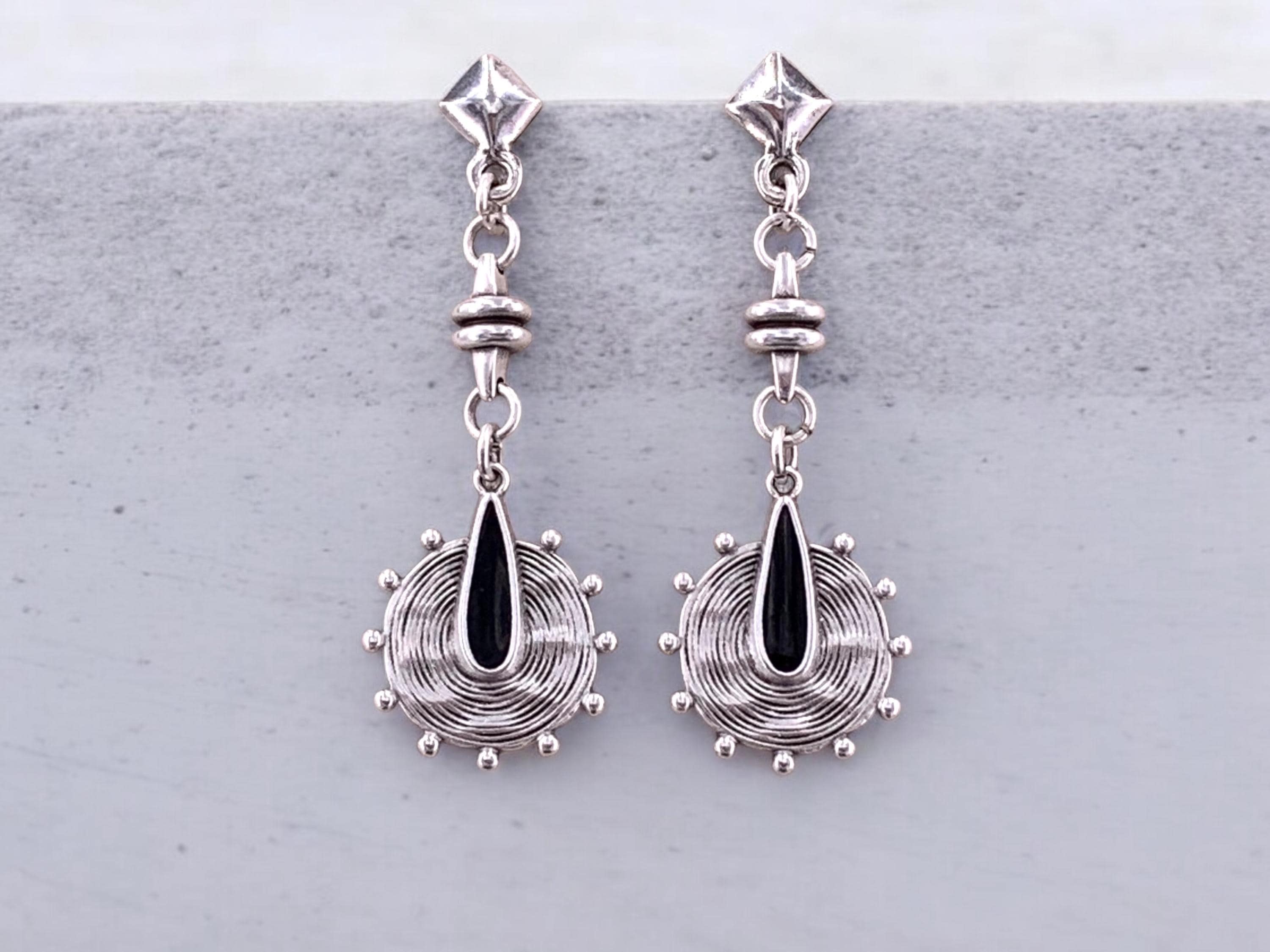Long drop silver plated Dangle tribal design earrings, Bohemian style jewelry