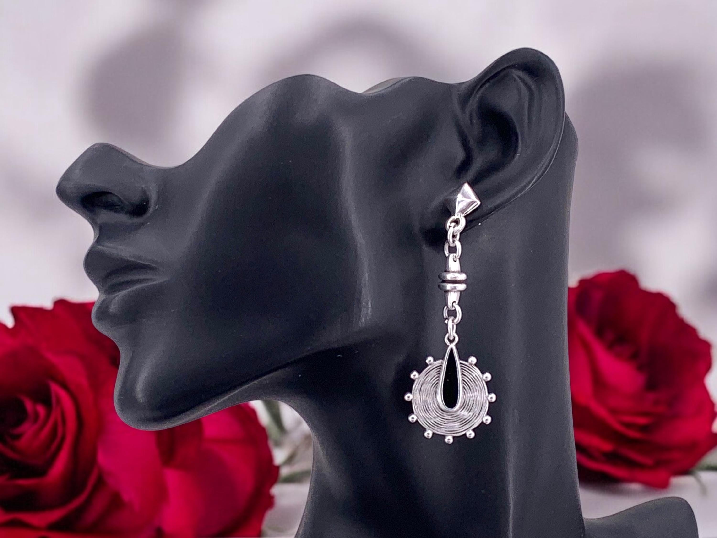 Long drop silver plated Dangle tribal design earrings, Bohemian style jewelry