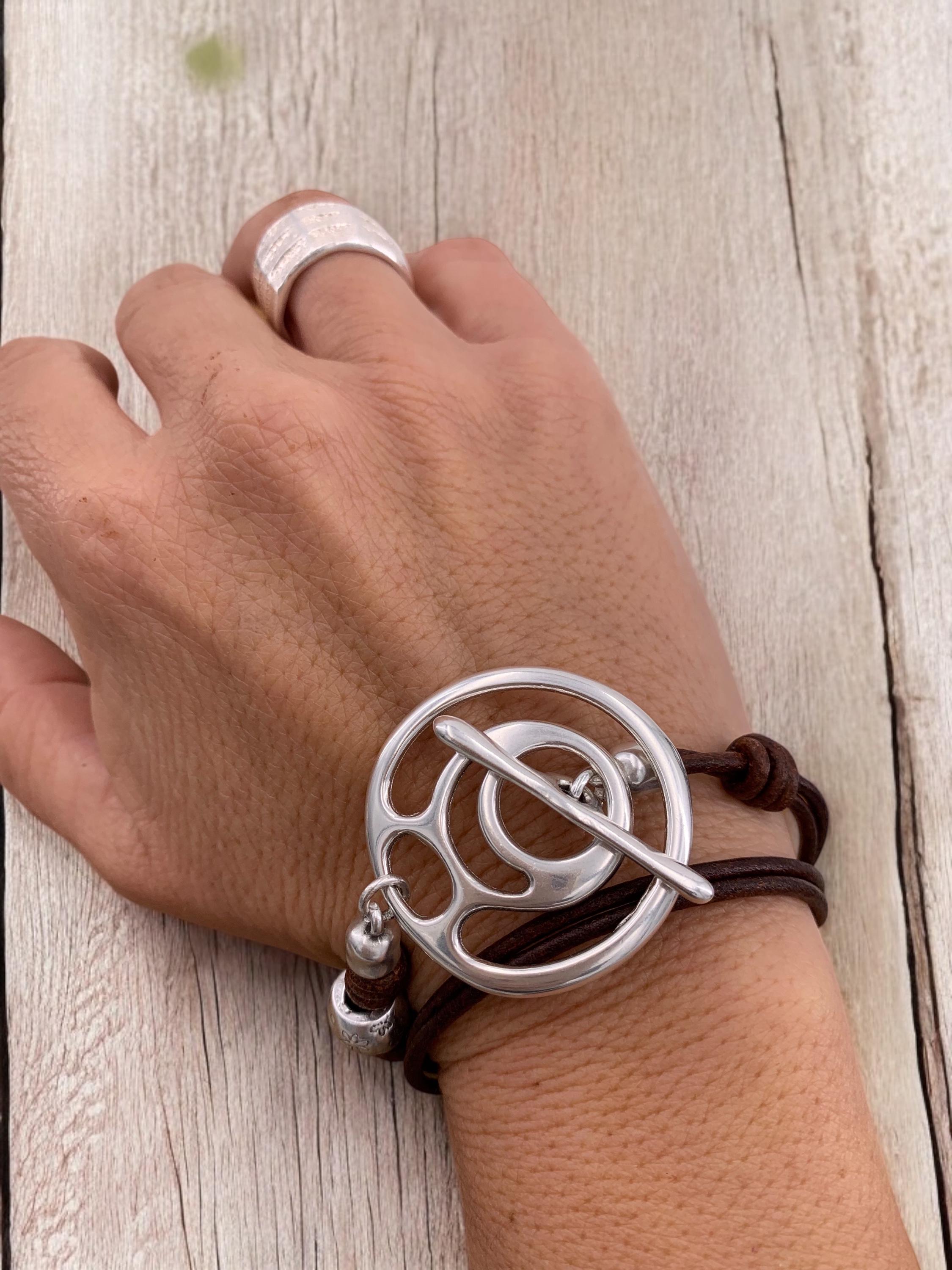 Artisian Multi-Strand Leather Wrap Bracelet with Silver plated Toggle Clasp, Boho Ethnic Style