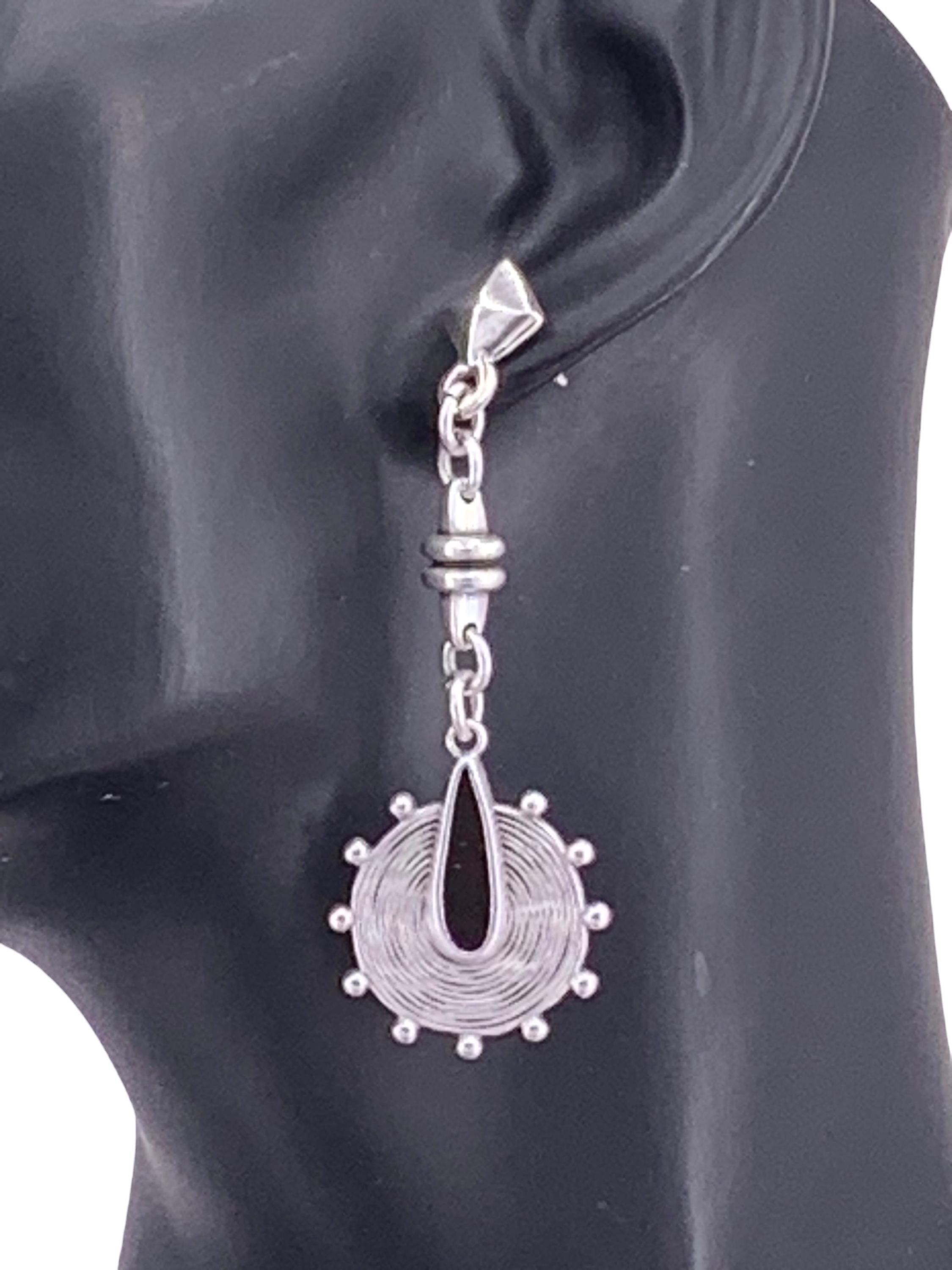 Long drop silver plated Dangle tribal design earrings, Bohemian style jewelry